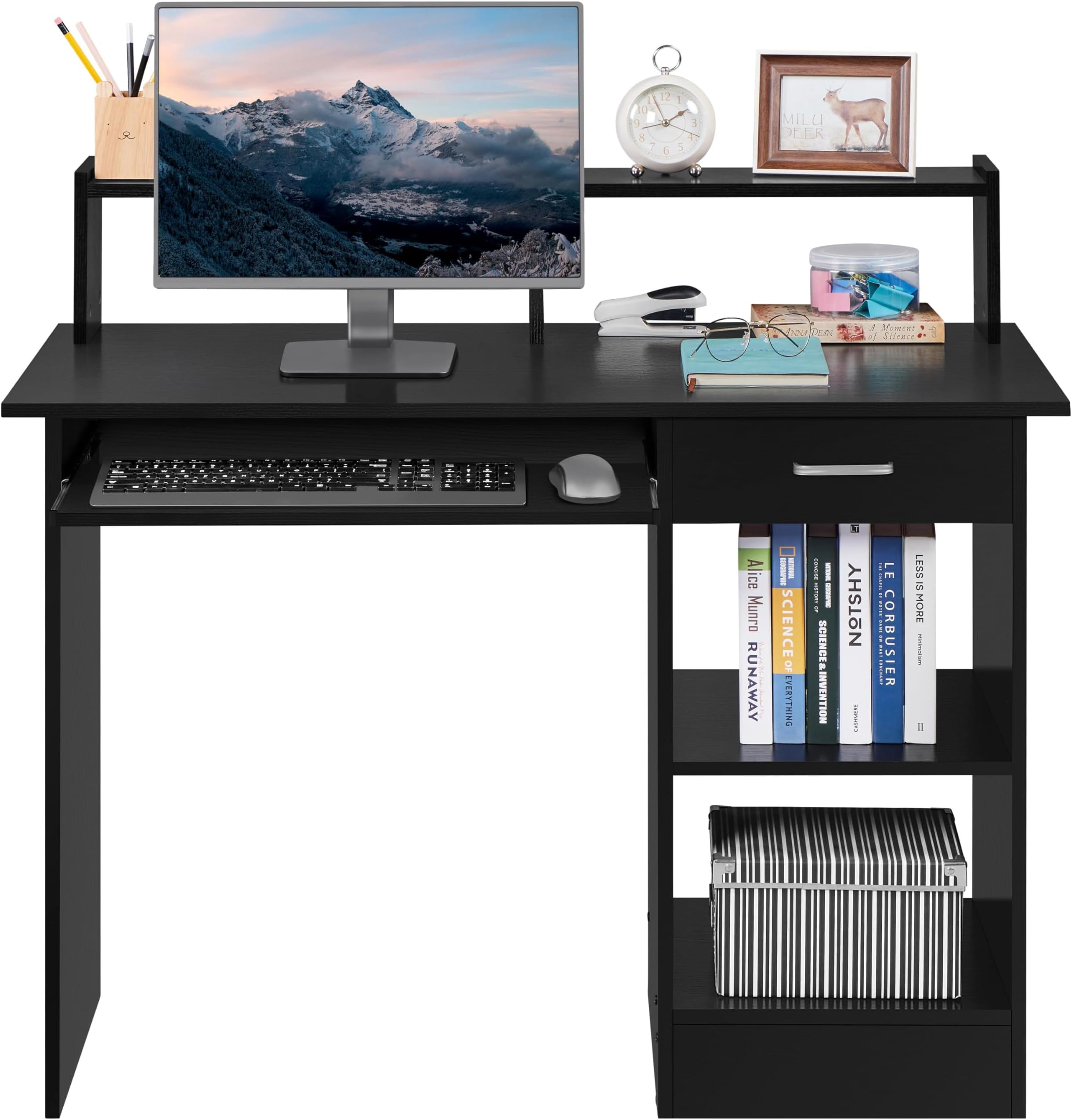 Yaheetech Black Computer Desk, Small Home Office Desk with 1 Drawer Keyboard Tray, PC Laptop Table with Shelves, Modern Style Desks for Small Spaces, Bedroom, Home, Office, 106x50x94cm