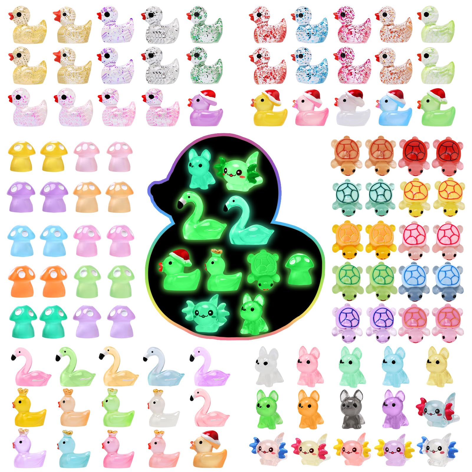 JoyPlus 100Pcs Mini Resin Animals Luminous,Mini Ducks,Tiny Mixed Luminous Resin Animals,Small Plastic Animal Figures Glow in the Dark for Potted Micro Landscape Fairy Garden Aquarium Dollhouse Decor