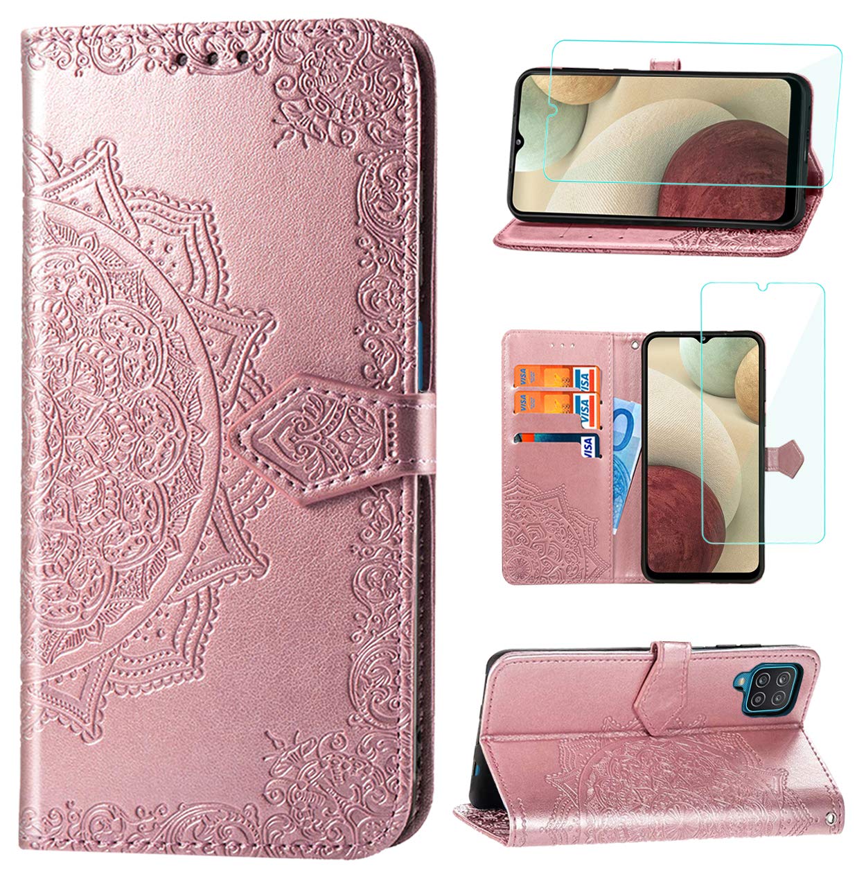 Yohii Case for Samsung Galaxy A12 Case and Screen Protector, PU Leather Book Wallet Flip Case with Card Slots Folding Stand Magnetic Scratchproof Shockproof Case, Cover for Samsung Galaxy A12 - Pink