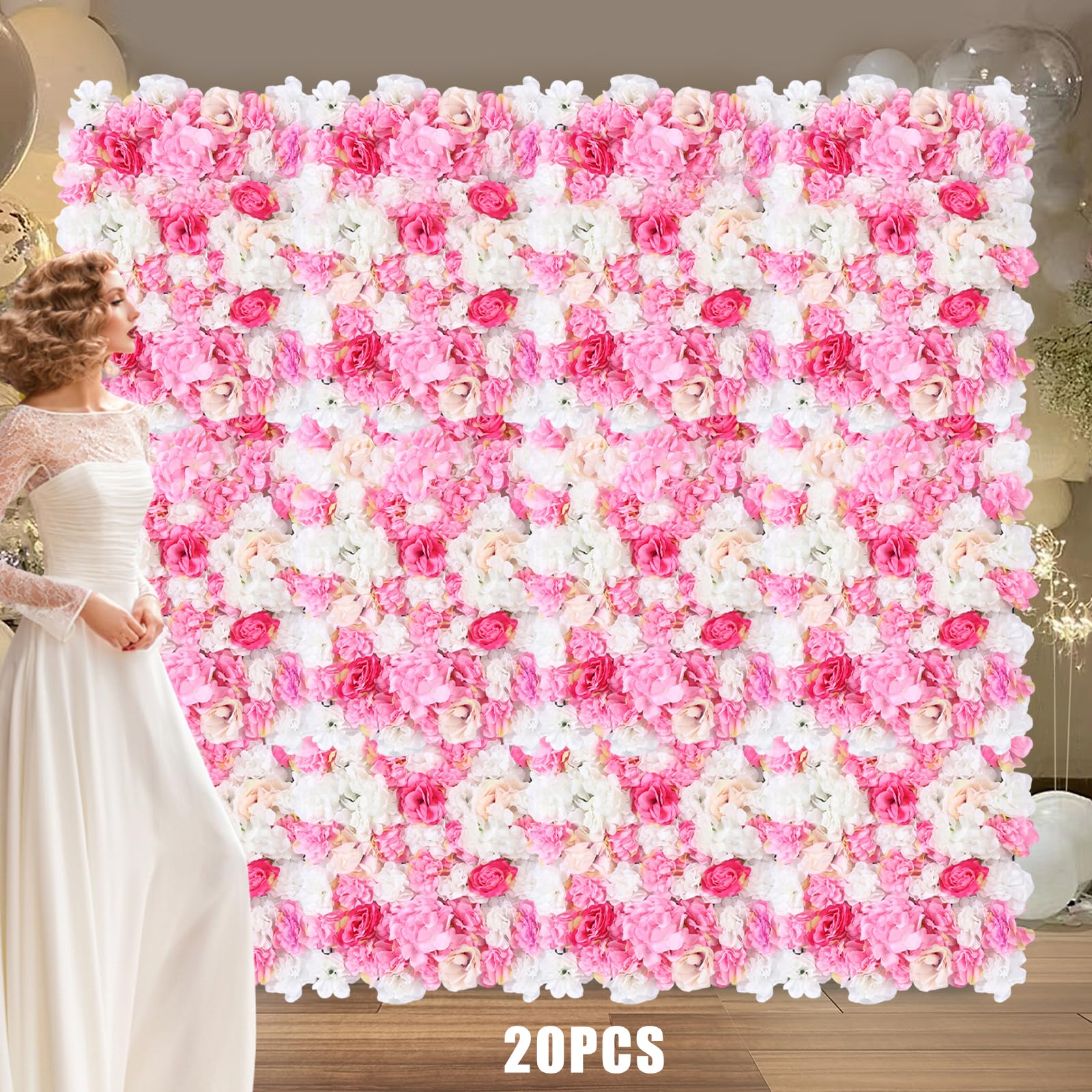 20 Stück Blumen Wandpaneel Blumen Hintergrund Wand Panel Blumenwand Hintergrund Kunstrosen Hochzeit Dekoration 60 * 40 cm Weiß & Rosa Kunstrosen