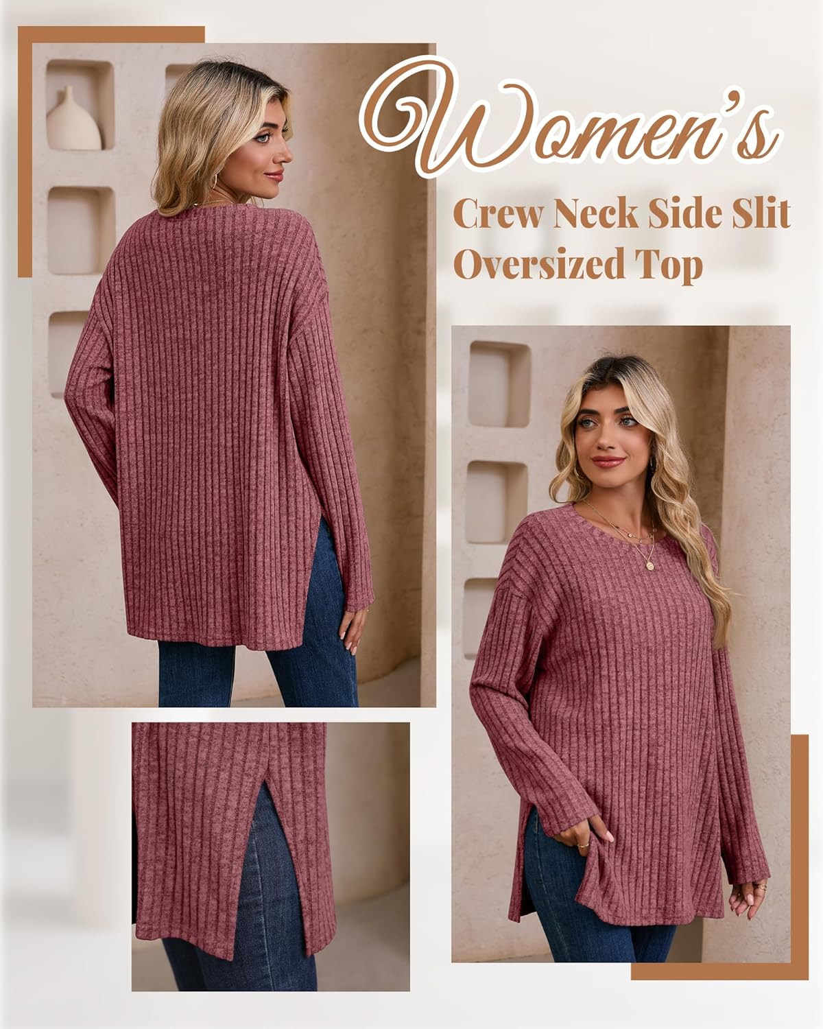 Oversized Sweaters for Women Lightweight Long Sleeve Crew Neck Ribbed Side Slit Loose Fall Top Pullover - Image 2