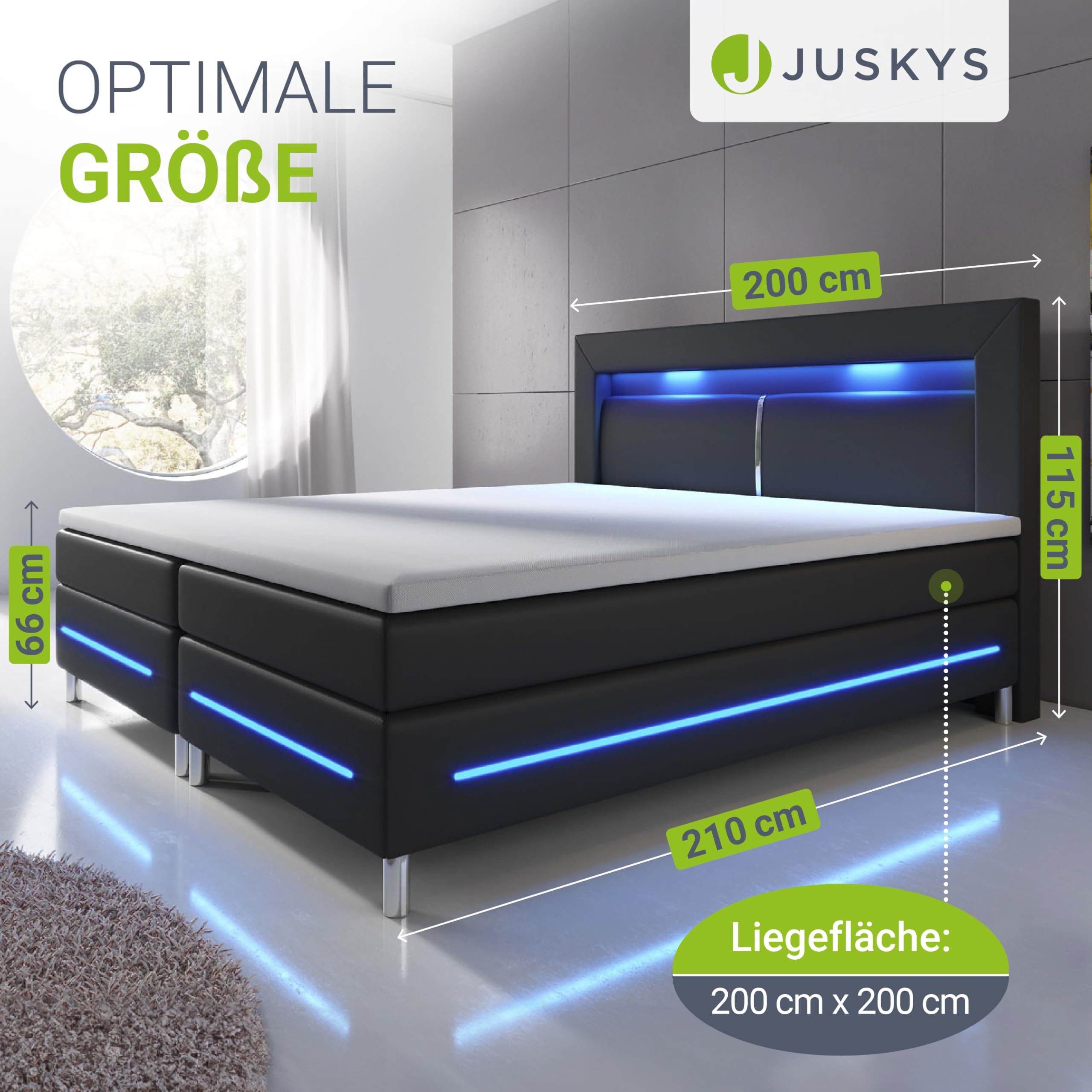 Juskys Boxspringbett Norfolk 200x200 cm - LED Beleuchtung, Bonell Matratze & Topper - 66 cm Komforthöhe - schwarz - Bett Doppelbett Polsterbett