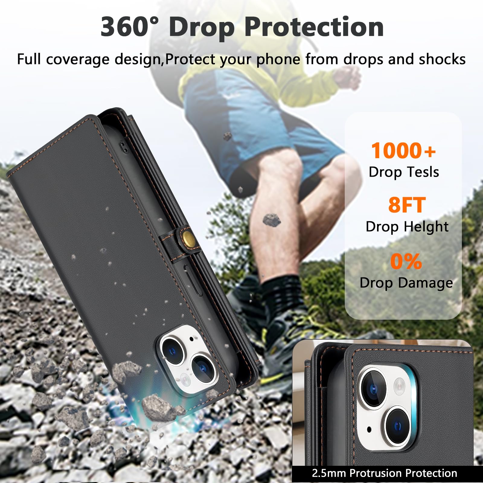 Custodia a portafoglio per iPhone 13 con porta carte di credito/portafoglio a tracolla/cinturino, blocco RFID, magnetica, cavalletto, staccabile, custodia in pelle PU per iPhone 5,2 pollici