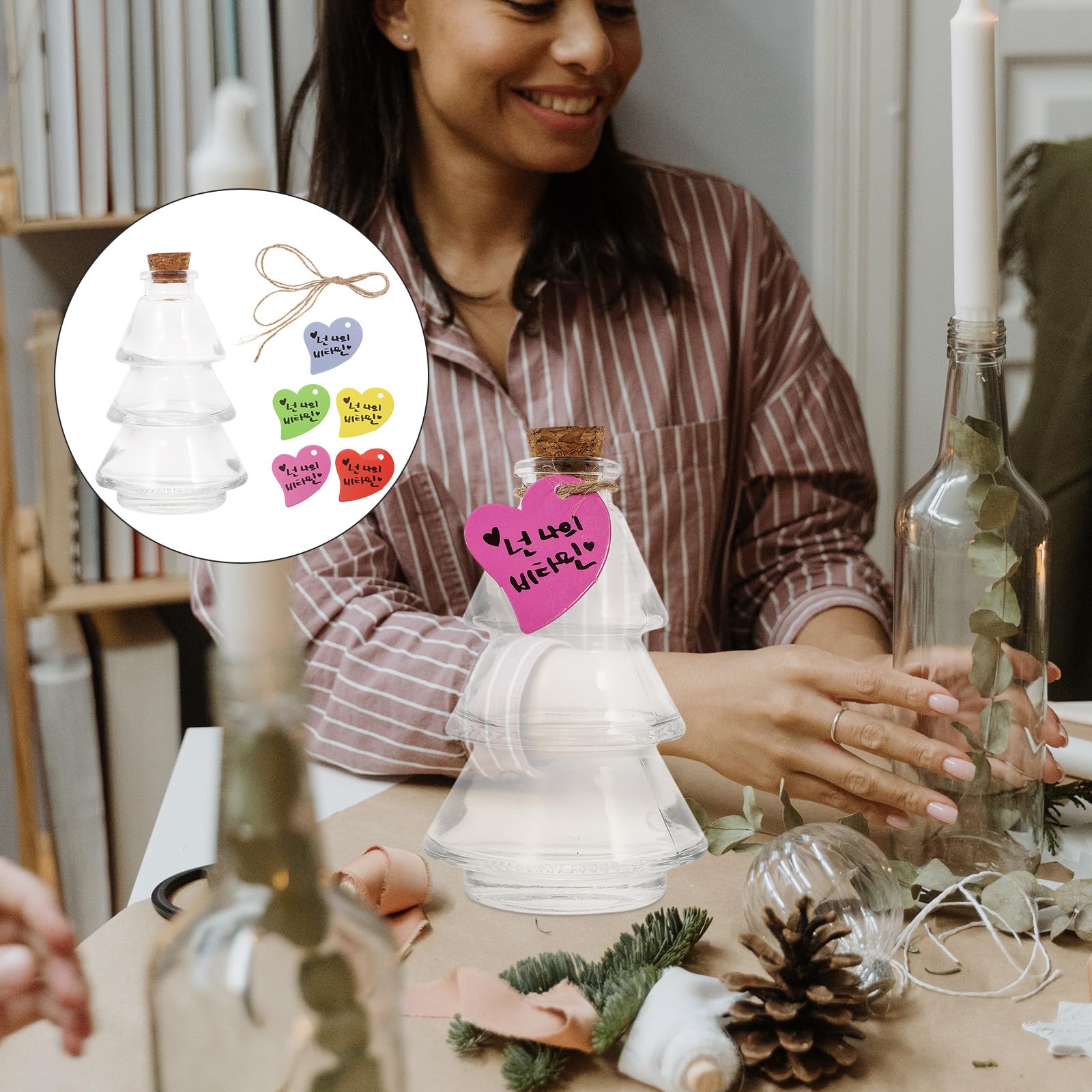 Set 5 Bottiglie di Vetro Tappo di Sughero a Forma di Pino, Barattoli Decorativi Piccoli per Messaggi, Oli Essenziali e Decorazioni da Appendere, Multifunzionali per Casa e Regali