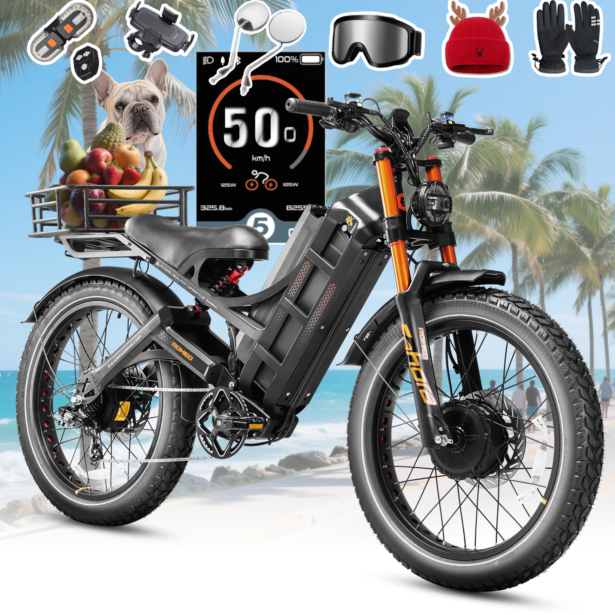 eAhora Romeo Pro 3/2 [2026] 46-50 Mph Electric Bike for Adults, Peak 5600W Dual Motor Ebike, 60V/52V 80Ah/70Ah 250 Miles Long Range E Bike, 26”*4.0 Fat Tire Air Full Suspension Off-Road E-Bike