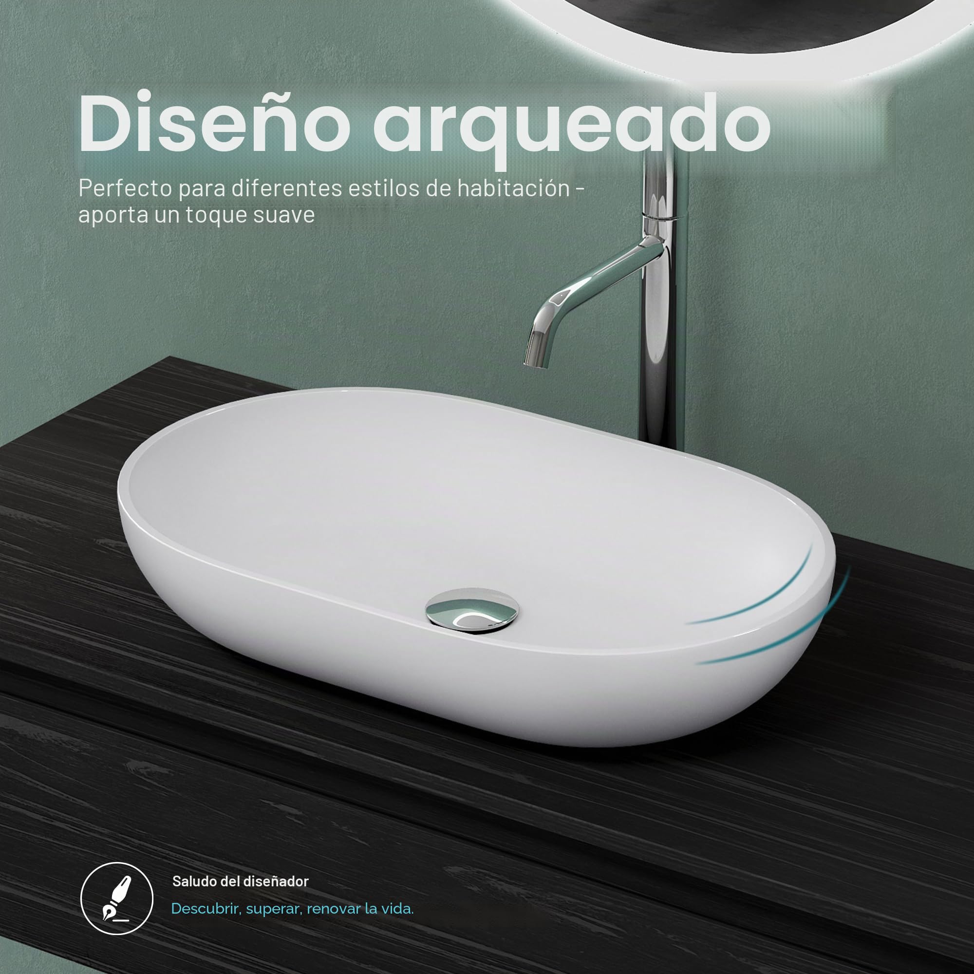 Mai & Mai Lavabo sobre Encimera Lavabo Baño | Ovalado | Blanco Mate | Mármol Fundido | 54x34x11cm | sin Orificio para Grifo sin Rebosadero | Colossum808