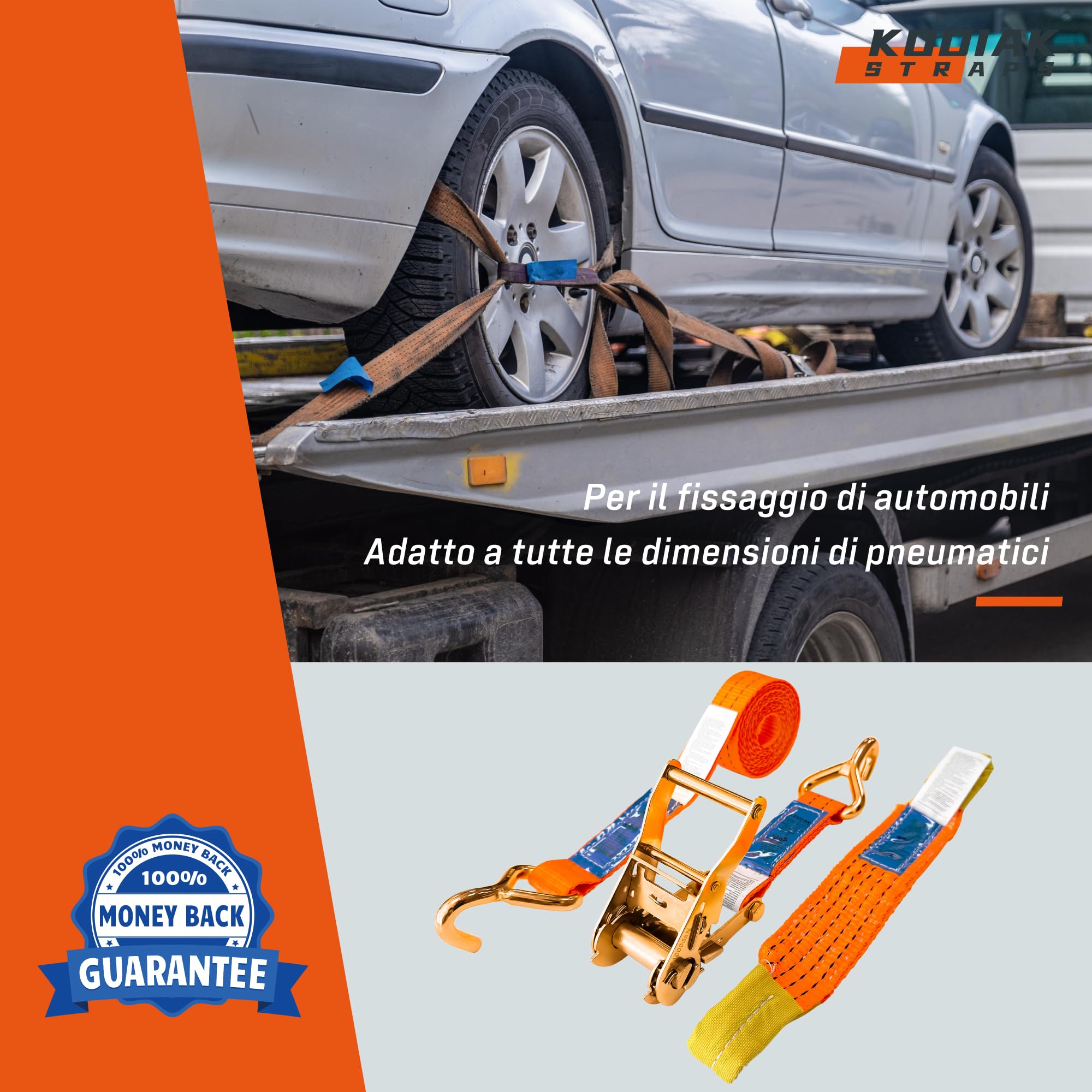 4 Cinghie a Cricchetto per Trasporto Veicoli | Larghezza 35 mm | 2000 daN | Cinghie di Serraggio per Sicurezza Ruote, Auto, Rimorchi - Certificate TÜV G/S e secondo DIN EN 12195-2 - KODIAK STRAPS