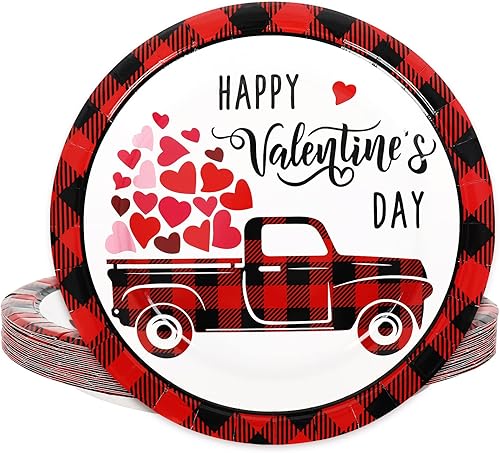 Whaline Platos de papel para el día de San Valentín platos desechables de 9 pulgadas diseño de corazón para San Valentín aniversario cumpleaños boda