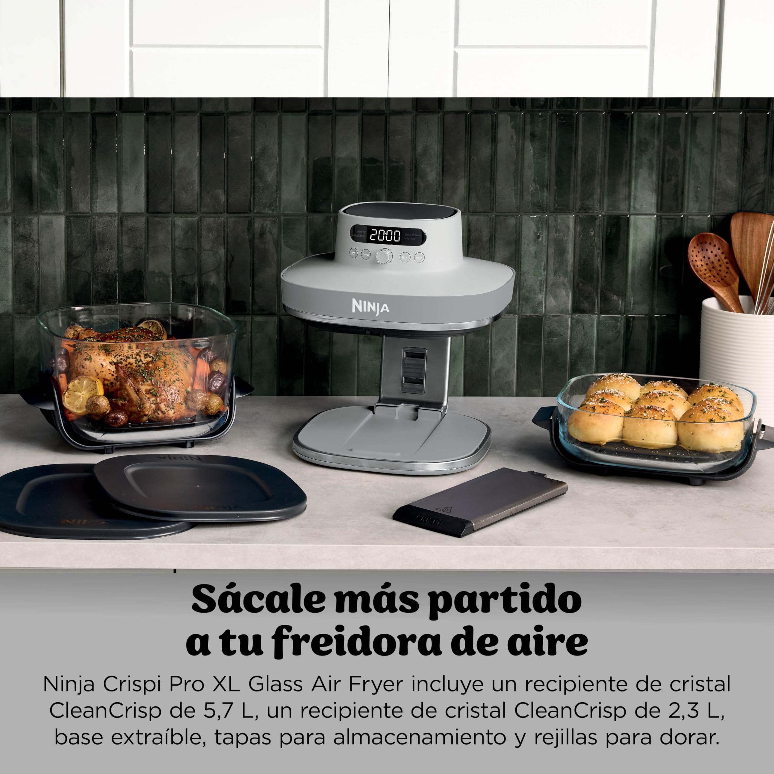 Ninja CRISPi PRO XL Freidora de aire, 5 funciones de cocción predefinidas, recipientes de cocción de cristal CleanCrisp de 5,7 y 2,3 l y tapas para almacenamiento, Blanco AS090EUWH