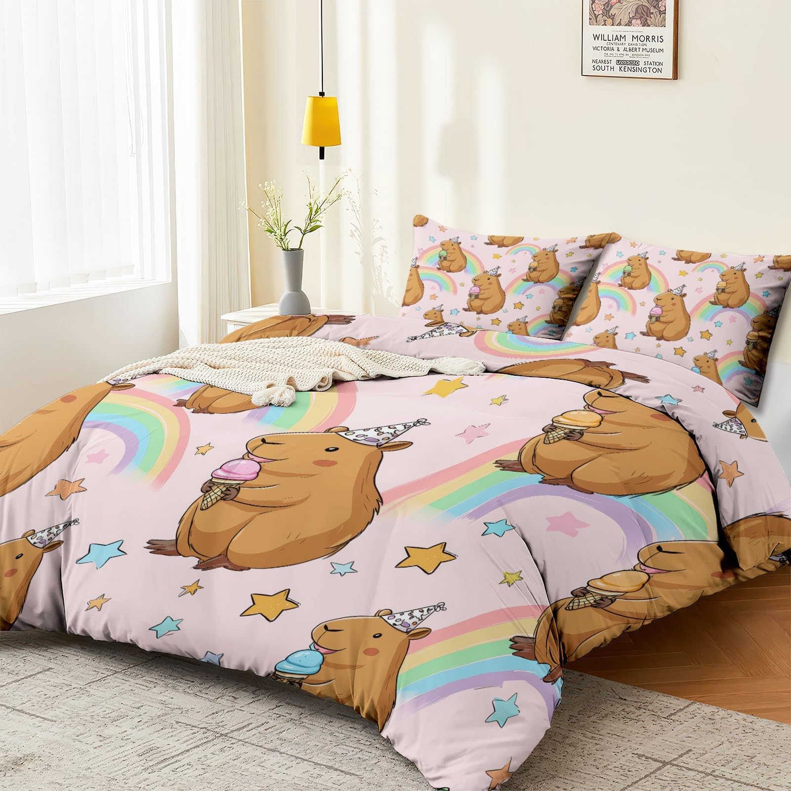 Japanisch Cartoon Bettwäsche 200 x 200 cm, Capybara EIS Partyhut Wende Bettwäsche Bunt Weich Kuschelig Bettbezug Set Mikrofaser Deckenbezug, mit Reißverschluss und Kissenbezug