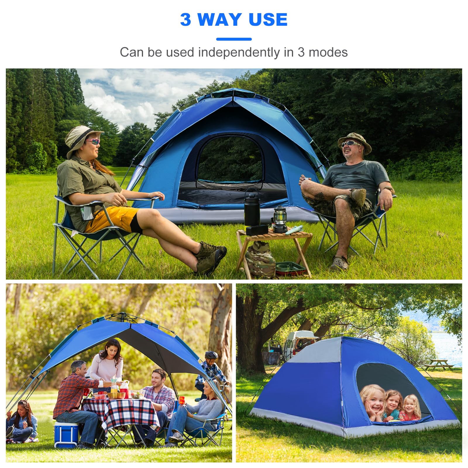 3-in-1 Instant Pop Up Tents for Camping,4/5/6 Person Camping Tent,60s Automatic Quick Easy Setup Tent, Waterproof Stand Up Family Tents for Camping,Outdoor,Hiking,Beach,Picnic