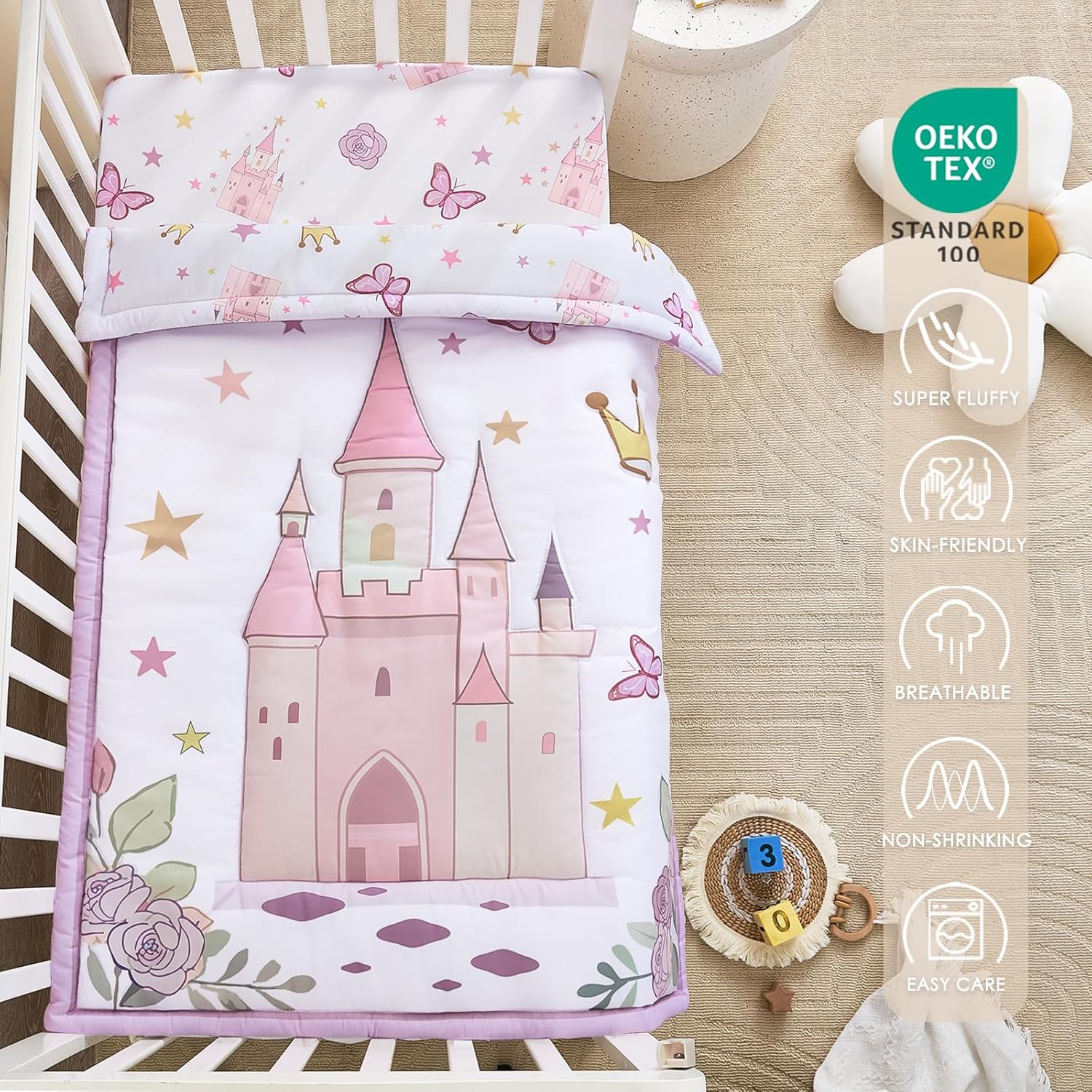 3-Piece Crib Bedding Set for Girls - Ultra Soft Baby Bedding Set Includes Crib Comforter, Sheet & Skirt (Purple)