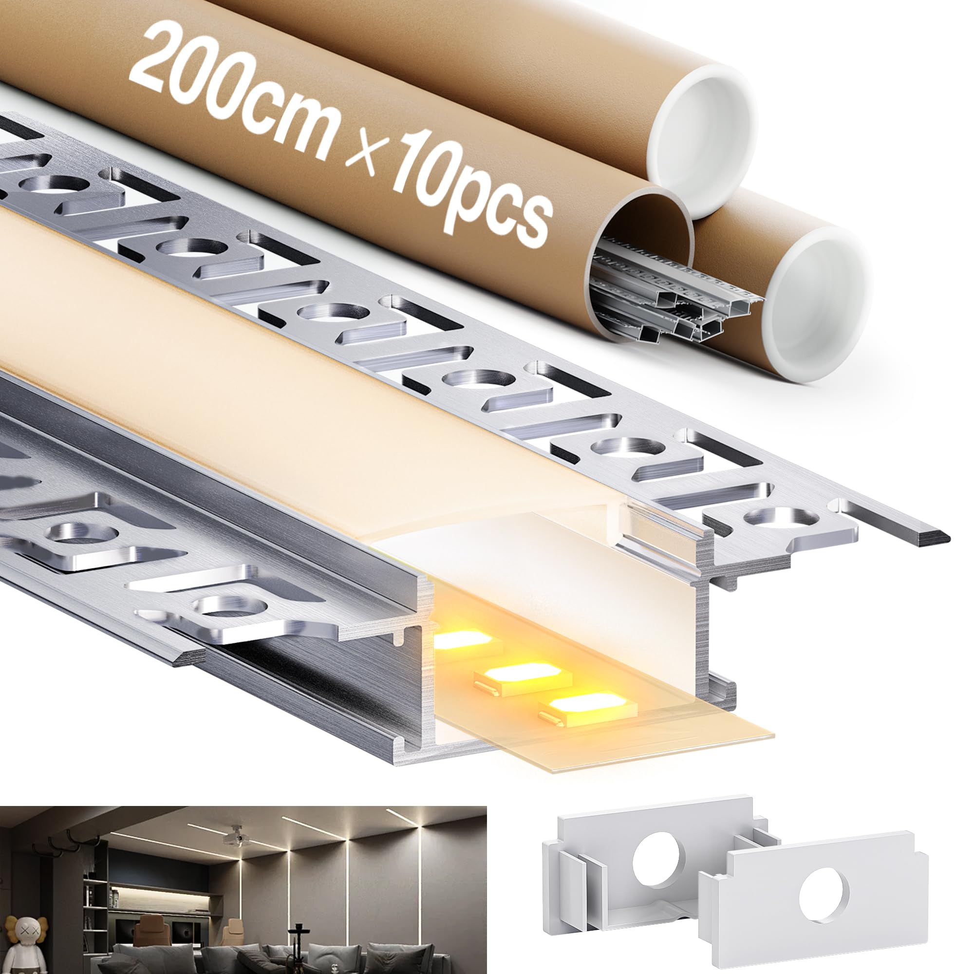 10 x LED profilo in alluminio per cartongesso, 2 m (20 m) con diffusore semitrasparente per strisce LED fino a 20 mm, dimensioni: 64,2 x 13,8 mm