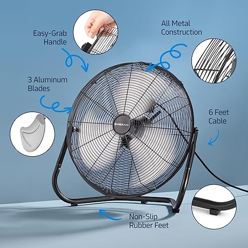 Miniatura 5 de Ventilador de piso industrial de metal resistente de 3 velocidades de 20 pulgadas, 1800 CFM, potente ventilador de refrigeración para garaje,