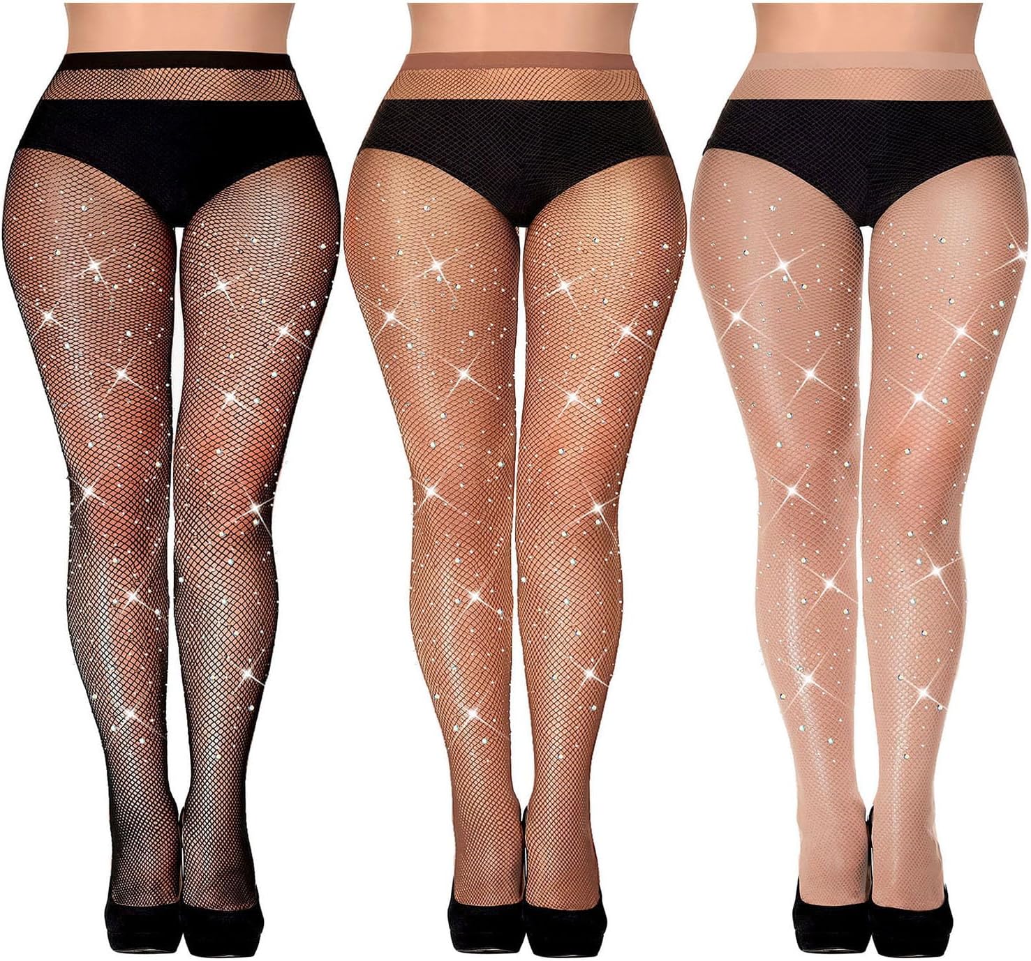 SATINIOR 3 Pcs Rhinestone Fishnet Stockings Glitter Fishnet Tights High Waist Mesh Stockings Pantyhose for Women One Size Flesh-colored, Coffee, Black