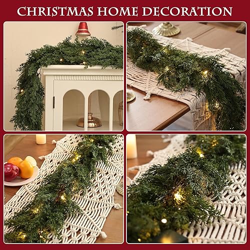 Miniatura 5 de Guirnalda de cedro de Navidad con luces LED, enredaderas artificiales de ciprés de pino y ciprés, manto de hoja perenne para chimenea, guirnalda en