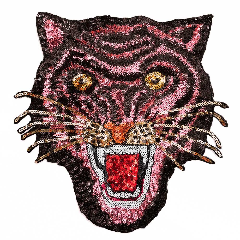 Tiger Sequin Iron-On or Sew Applique Patch by pc, 9-1/2" high, TR-11659 (Pink)