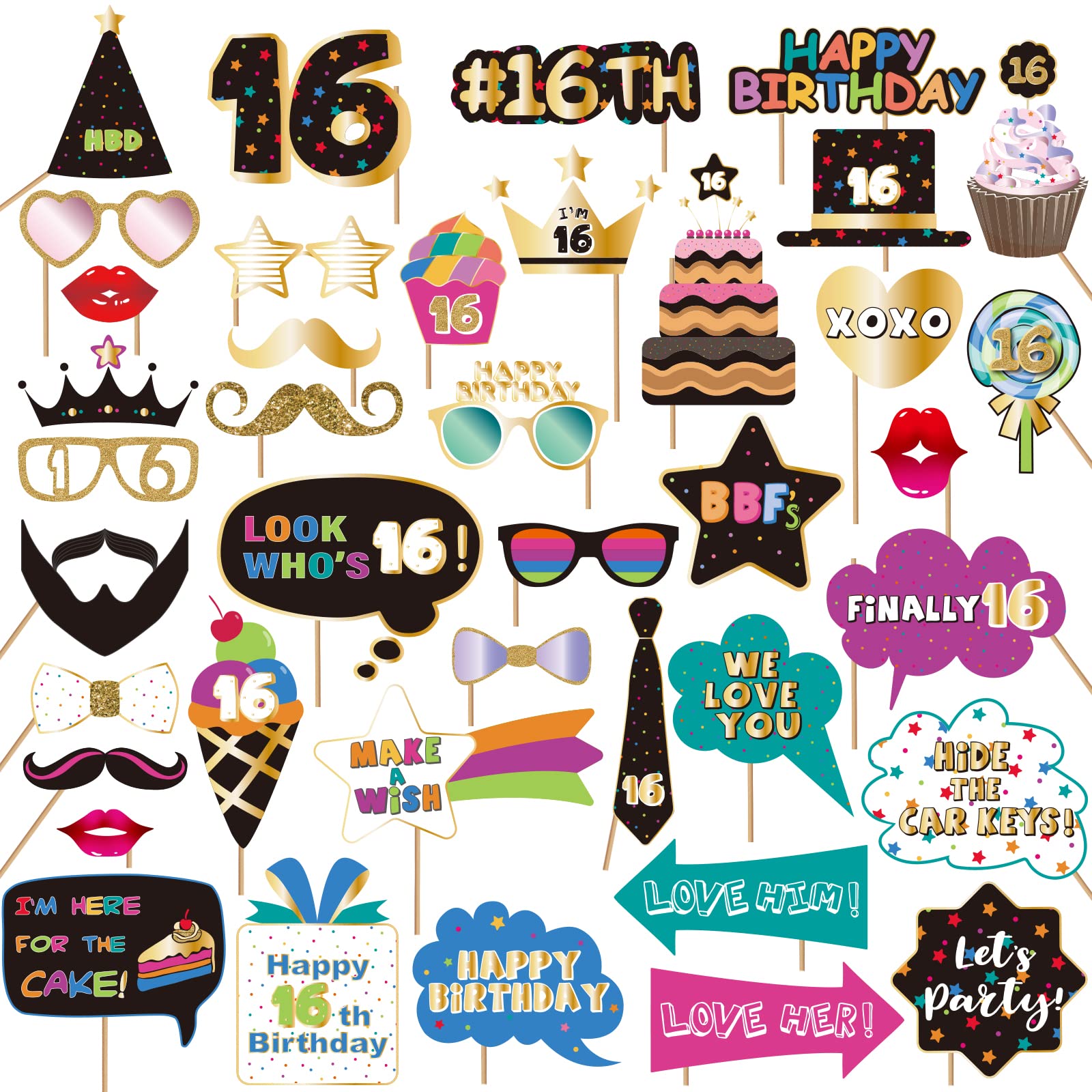 BRT Bearingshui Sweet 16 Photo Booth Props Accessories, Birthday Photo Booth and Signs for 16, 16th Birthday Photo Booth Party Props, 16th Happy Birthday Party Decorations Supplies Favors