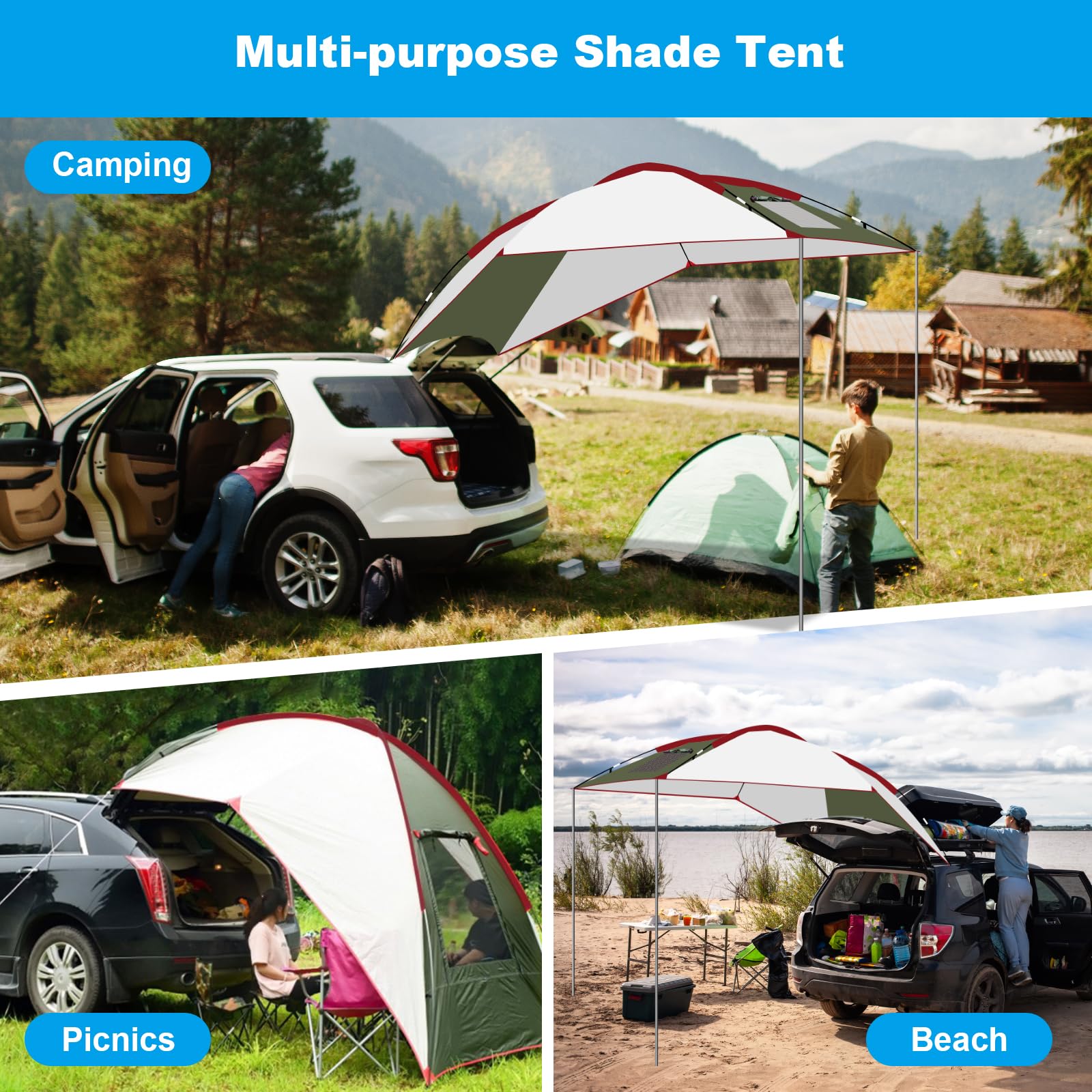 Tente de Voiture Arrière Extérieure - Auvent Caravane/Fourgon Imperméable & Anti-UV Polyester, Léger Portable pour Camping, Pêche, Famille (2.4x1.9m) avec Fenêtre Aérée et Montage Rapide
