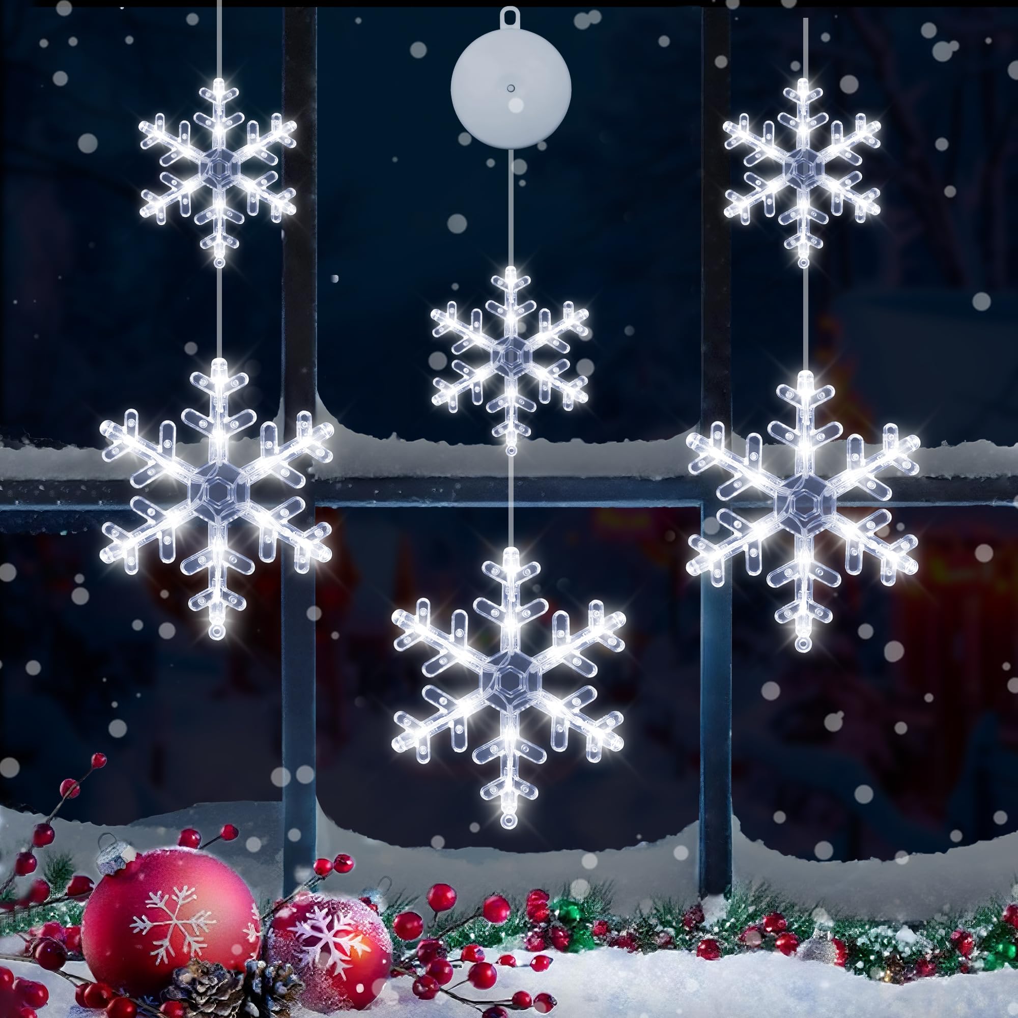 Lot de 3 décorations de fenêtre de Noël en forme de flocon de neige avec ventouse, LED à piles à suspendre pour intérieur ou extérieur