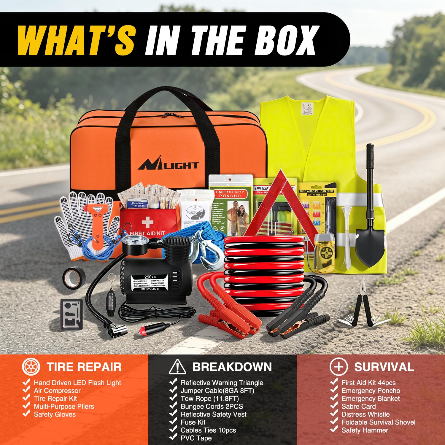 Nilight Kit de Emergencia para automóvil con Cable de Puente compresor de Aire reparación de neumáticos Herramientas Esenciales y 44 Piezas botiquín de Primeros Auxilios, Asistencia de Seguridad en