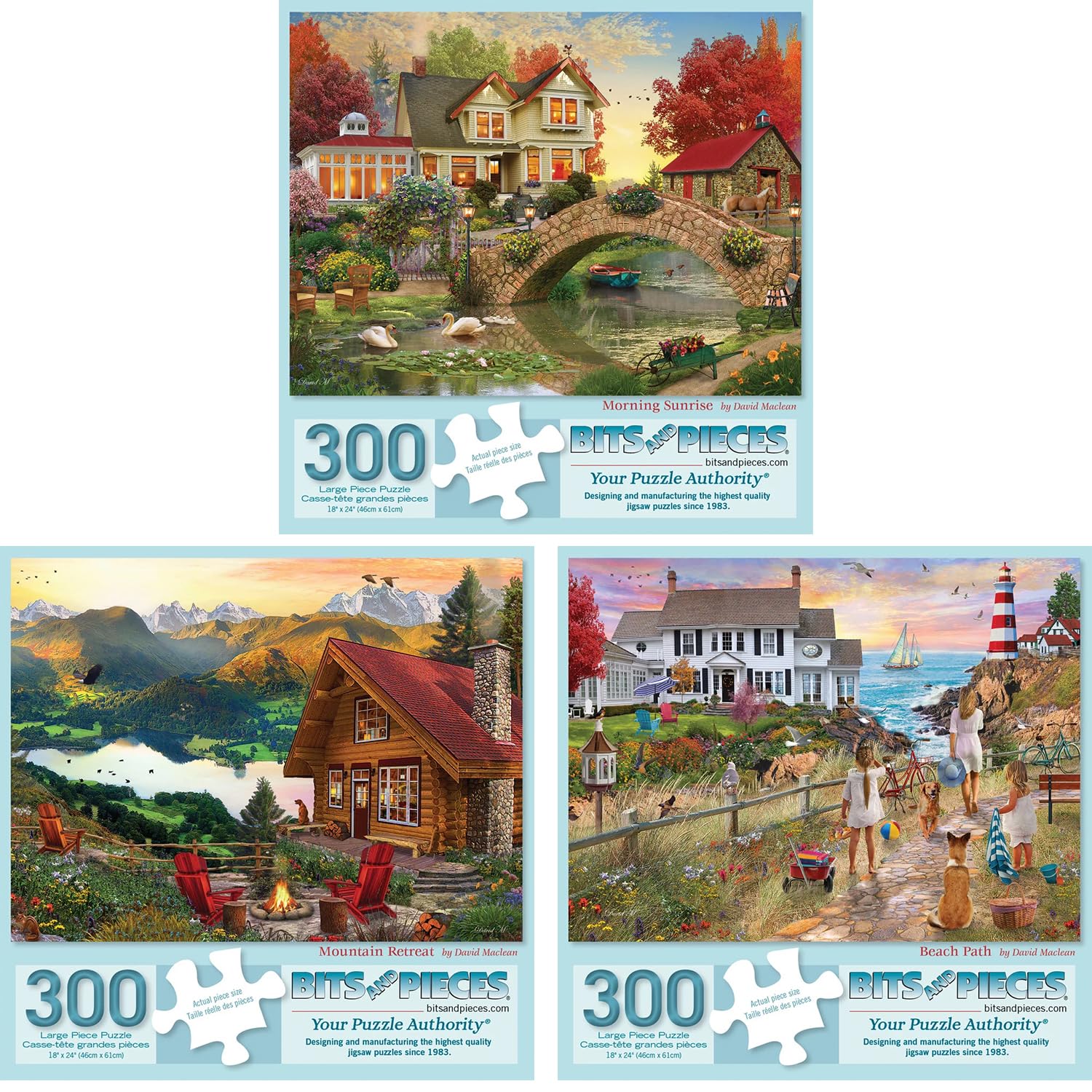 Bits and Pieces 3 Jigsaw Puzzle Set - 300 Piece Puzzles for Adults - Ocean Lake River Set - 16" x 20" Jigsaw Puzzles - Small Town Americana Nature - Random Die Cut Pieces No 2 are Alike