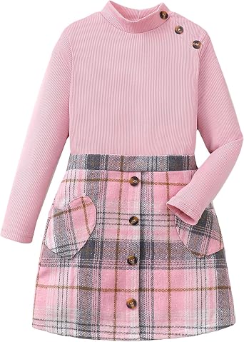 YOURUIKEY Girls Plaid Skirt Set Fall Winter Clothes 2 Piece Outfits 8-12Y