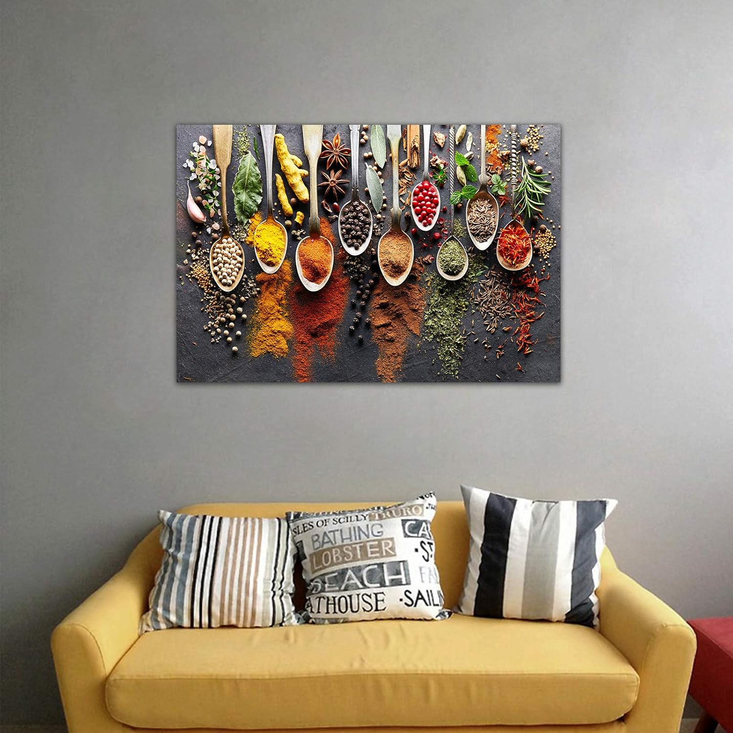 Kitchen Canvas Wall Art Couful Spice in Spoon Vintage Picture Dining Room Canvas Painting for Home Wall Decor, Spices Framed Artwork for Kitchen Restaurant Wall Decoration Ready to Hang (12x18 inches)