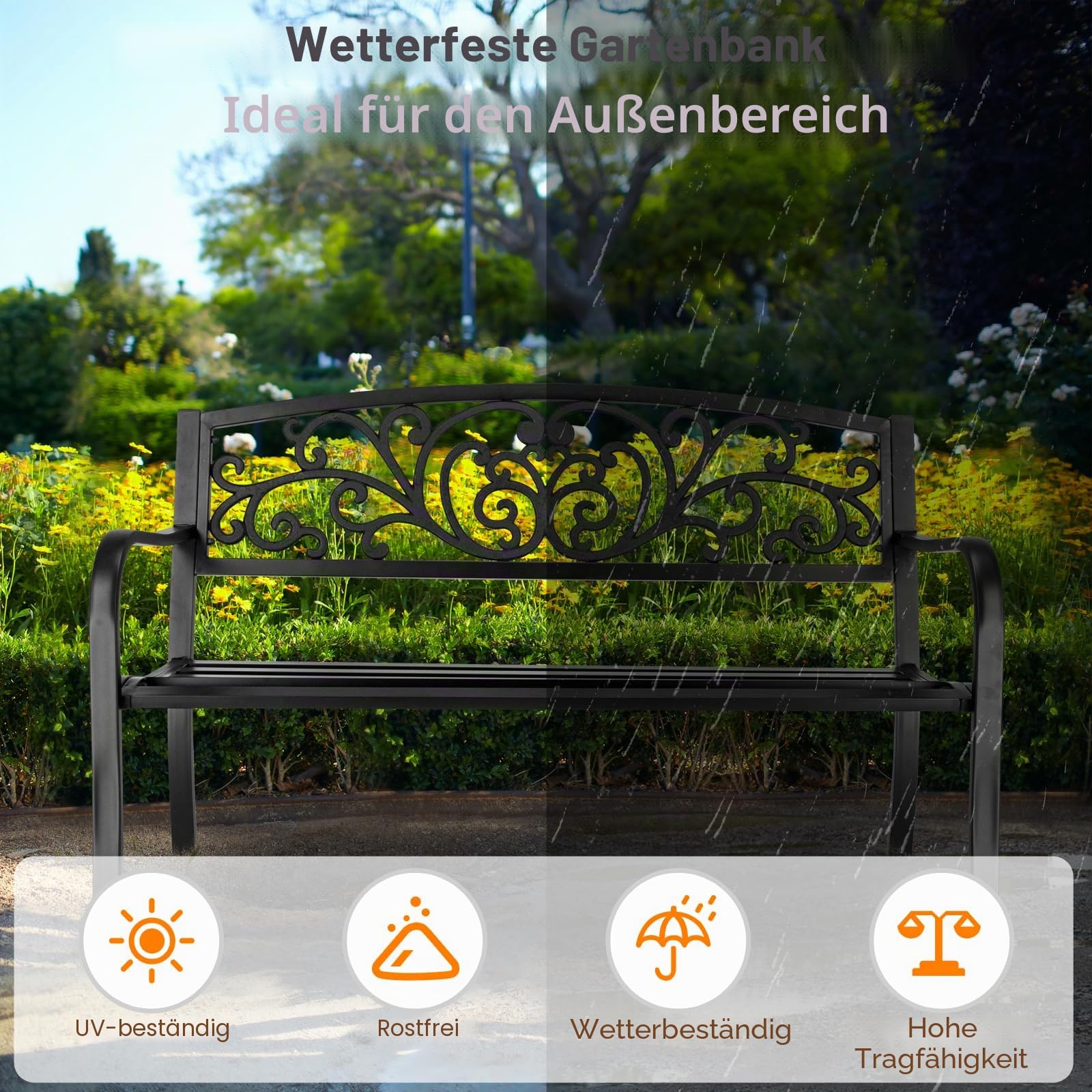 LEADZM Gartenbank Metall, Eisenbank mit Platz für 2-3 Personen - gartenbank wetterfest, Schwarzer Retro-Stil, Geeignet für Gärten, Balkone und Terrassen