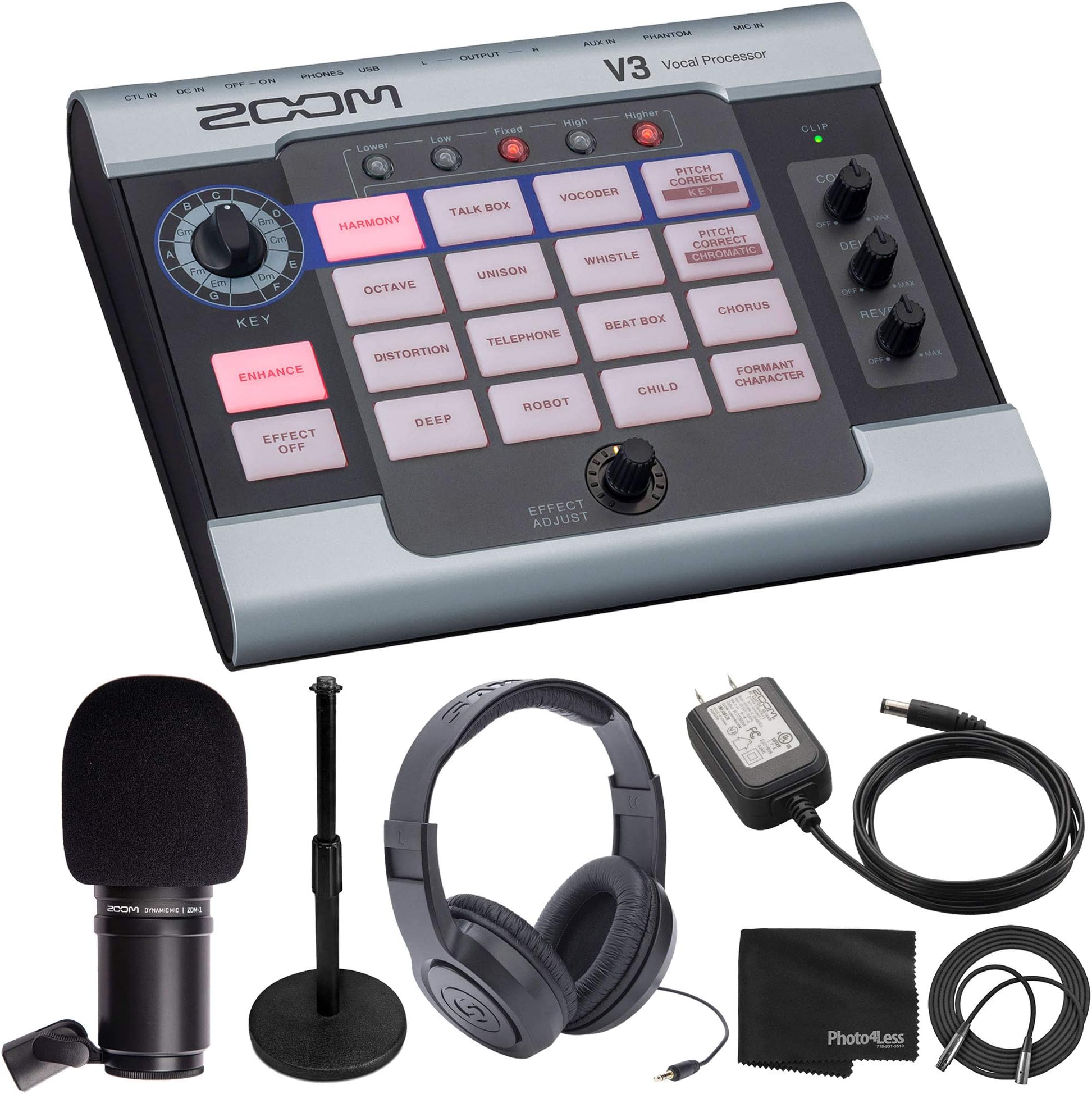 ZoomV3 Vocal Effects Processor + Zoom ZDM-1 Dynamic Microphone + Over-Ear Stereo Headphones + Microphone Stand + Zoom AD-16 9V AC Adapter + Mic Cable + Cloth - Deluxe Bundle