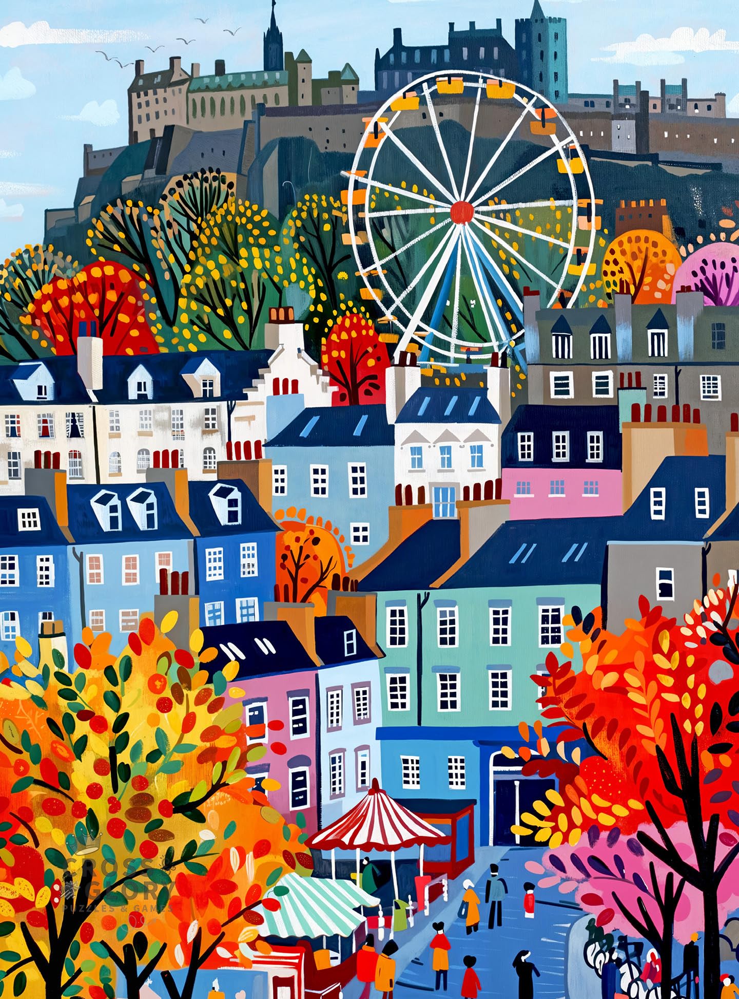 1000 Piece Jigsaw Puzzles for Adults | Castle & Carousel | Colorful Edinburgh Folk Art Puzzle | Bright Scottish City Artwork | 2mm Thick Pieces | Satin Finish | Ages 14+