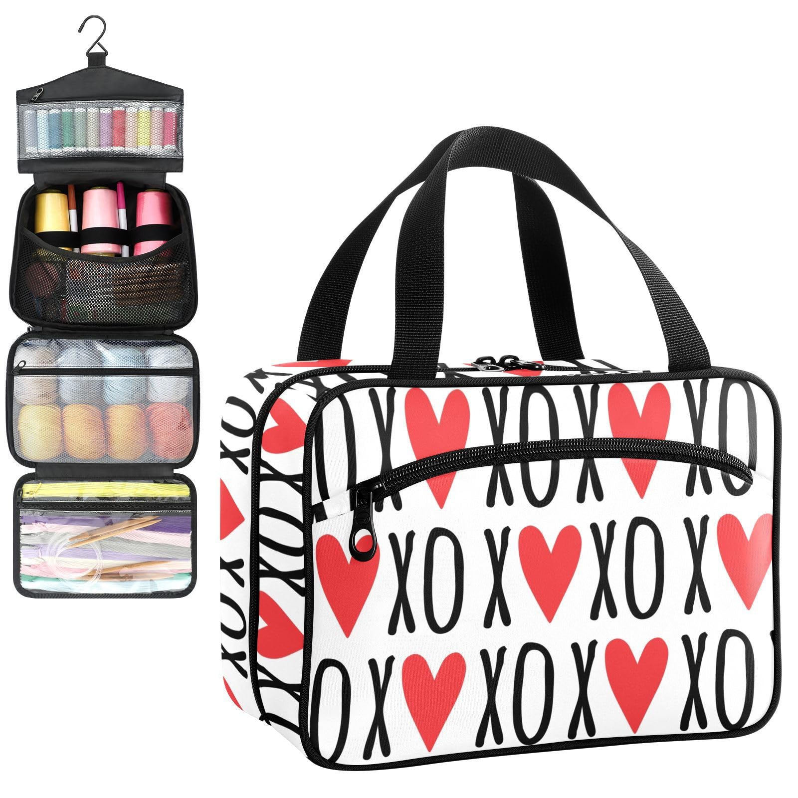 YNNALE Sewing Supply Organizer Bag, Valentine's Day Xo Quoted Hugs and Kisses Red Love Heart Holiday Portable Sewing Bags with Pockets&Hanger, Sewing Storage Box Case for Sew Supplies/Kit/Tools
