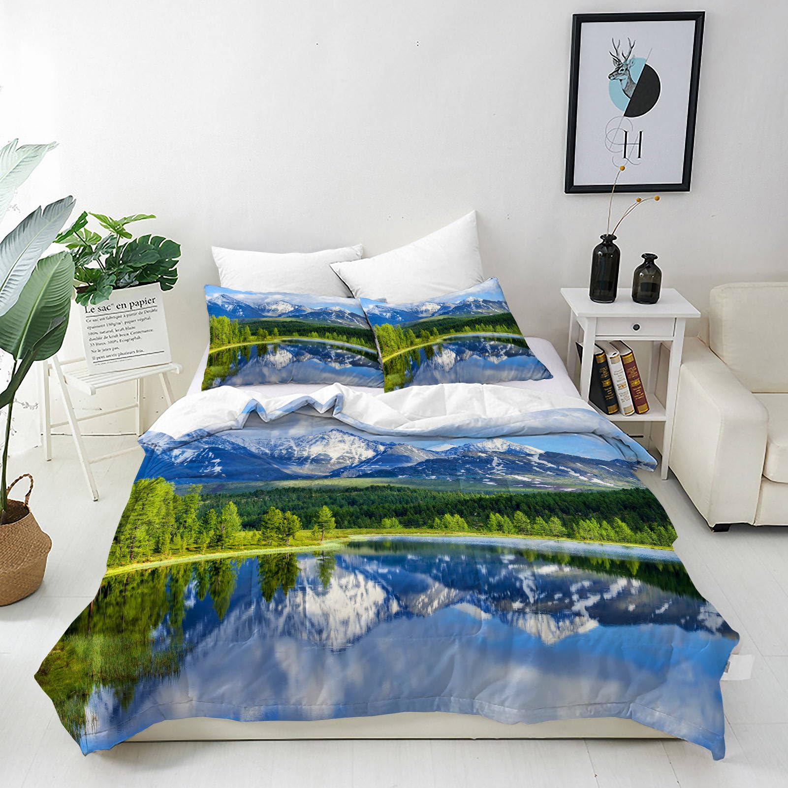 ANHOPE Landscape Duvet Cover Set Soft Lightweight Microfibre Polyester 3 Piece Bedding Set with 2 Pillowcase Lake Forest Mountain Scene Print Pattern All Season Quilt Cover with Zipper Closure Double โ image 1