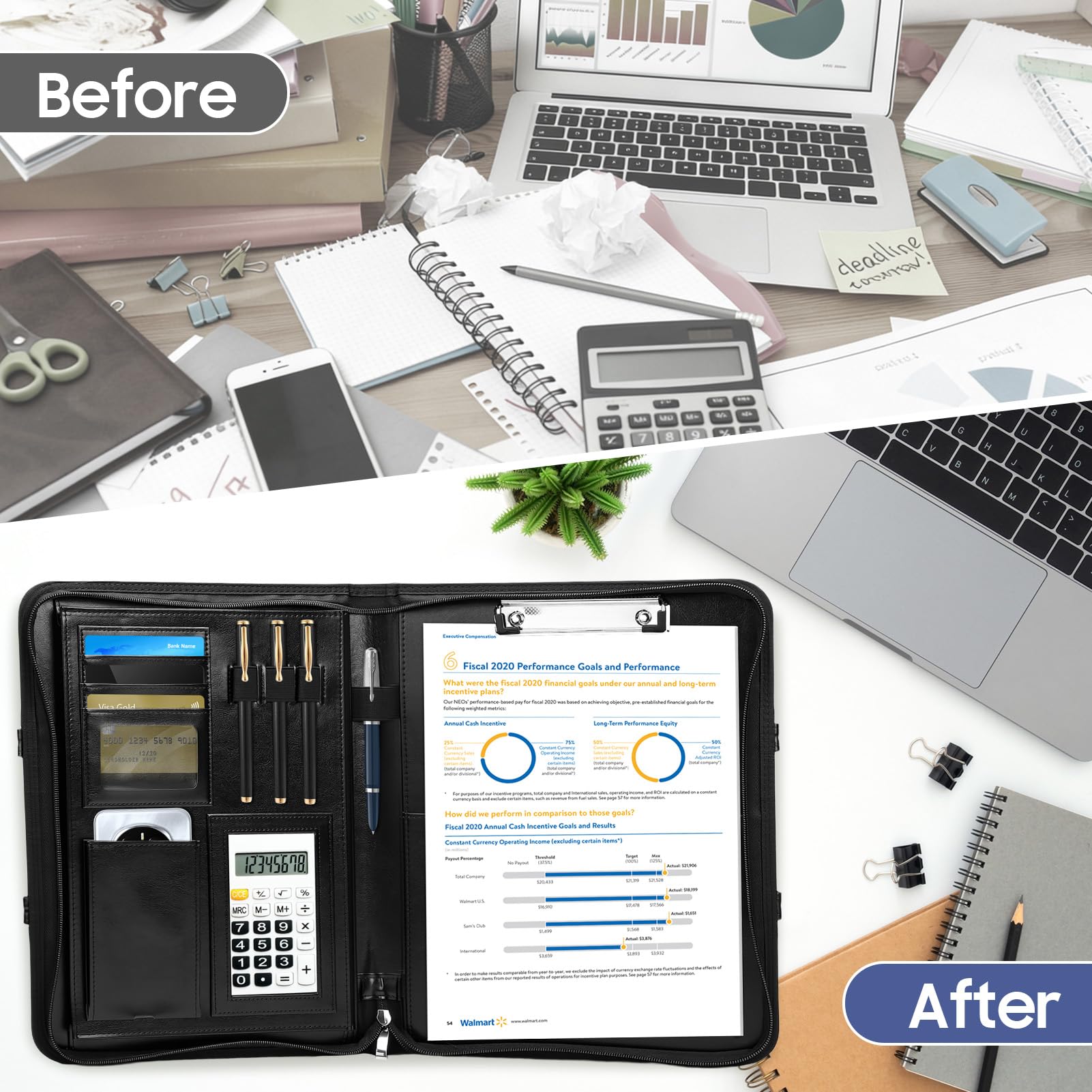 Cartella business in pelle vegana di alta qualità con chiusura lampo, organizer Padfolio per donna e uomo, mappa con scomparto per carte, blocco per appunti e scomparto per carte per affari, scuola e