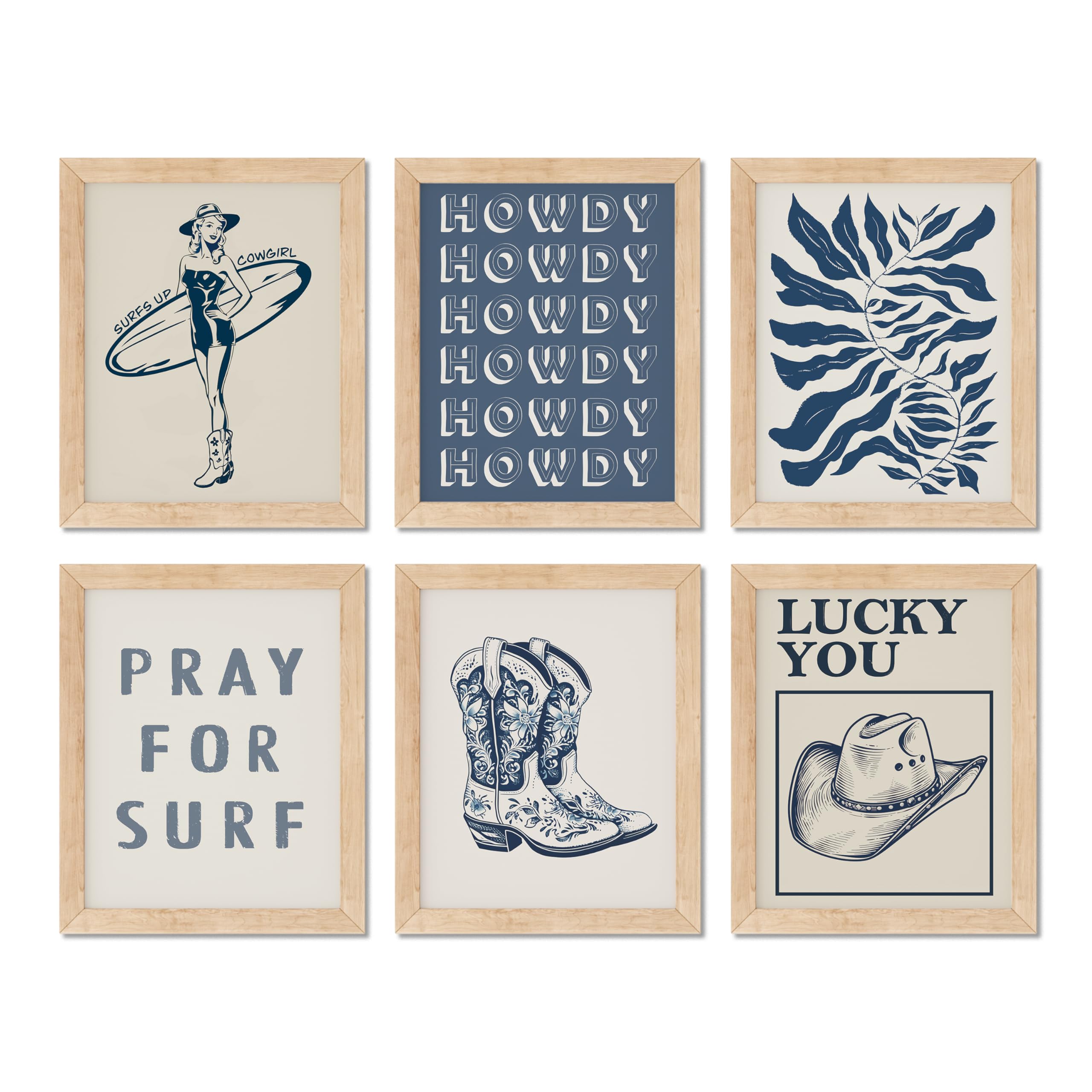 TwoDays Coastal Granddaughter Prints, Coastal Cowgirl Poster, Beachy Room Decor Aesthetic, Beach Wall Art for Teen Girls Bedroom, Vintage Surf Decorations Artwork (8" x 10", Set of 6, UNFRAMED)