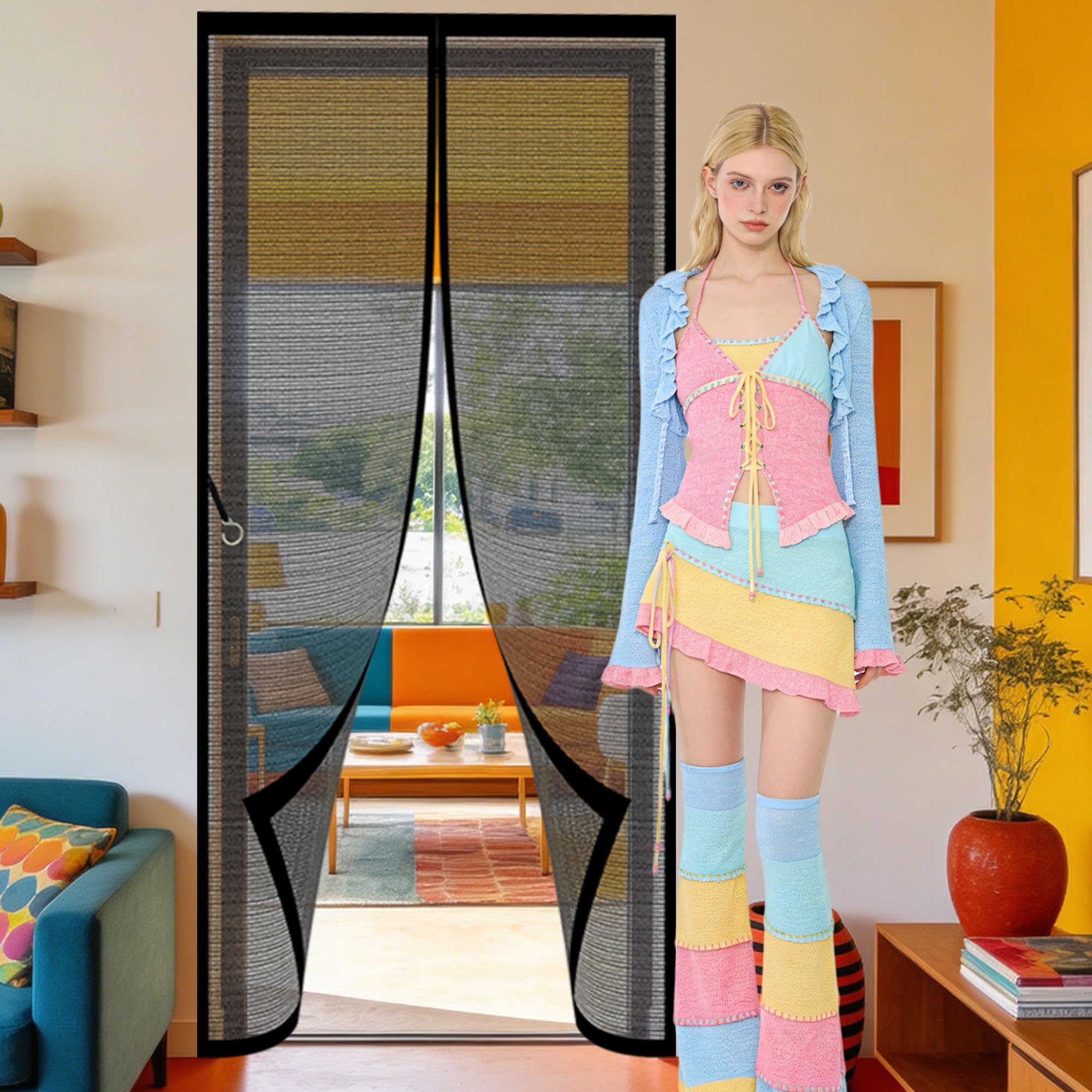 Fly Screen Door 120 x 269 cm Self Sealing Heavy Duty Fly Door Screen Mesh with Powerful Magnets Full Frame Magic Tape for Living Room, Bedroom, Patio, Black