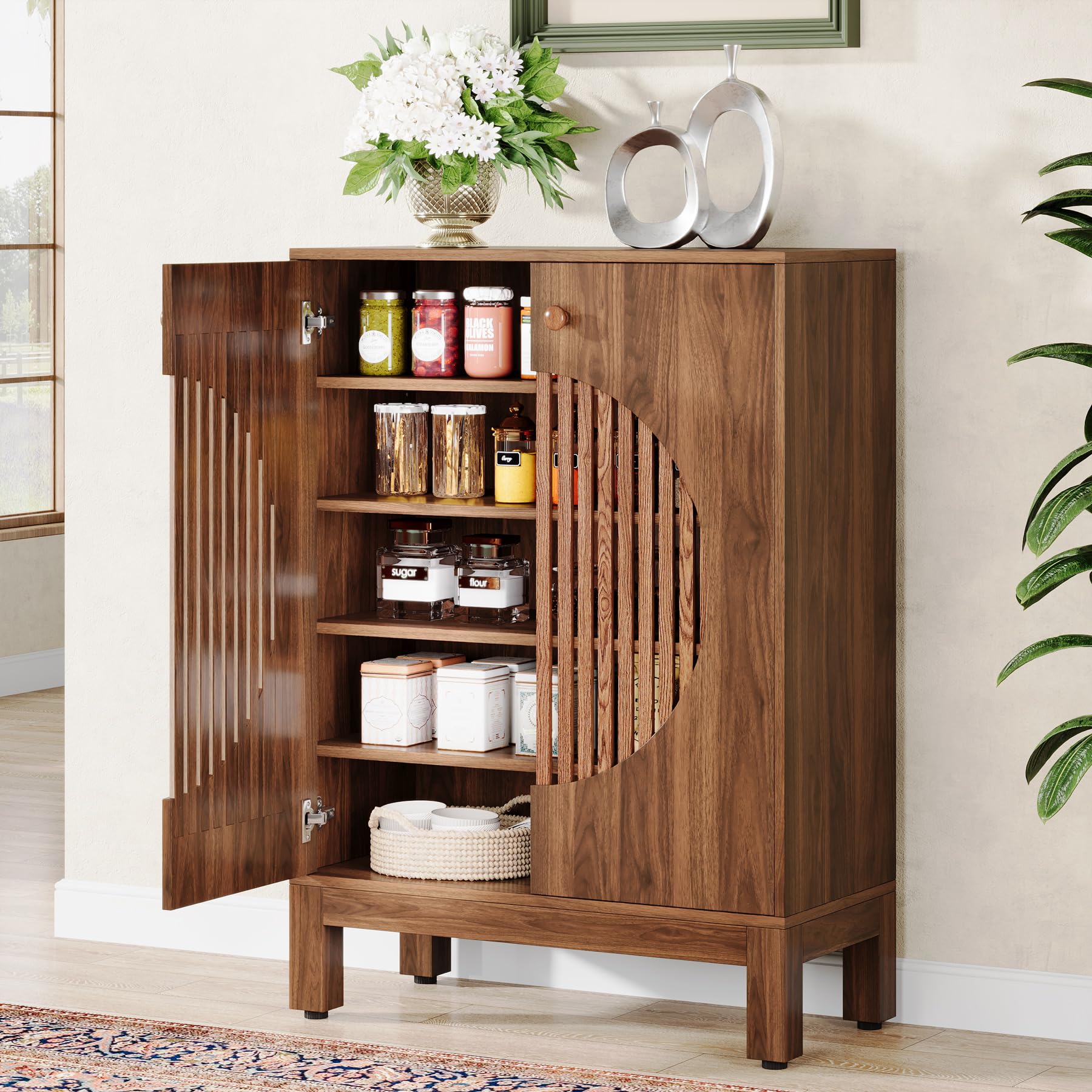 Tribesigns Farmhouse Sideboard Cabinet with Storage, Wooden Buffet Cabinet with Round Louvered Doors & Removable Shelves for Kitchen, Living Room,