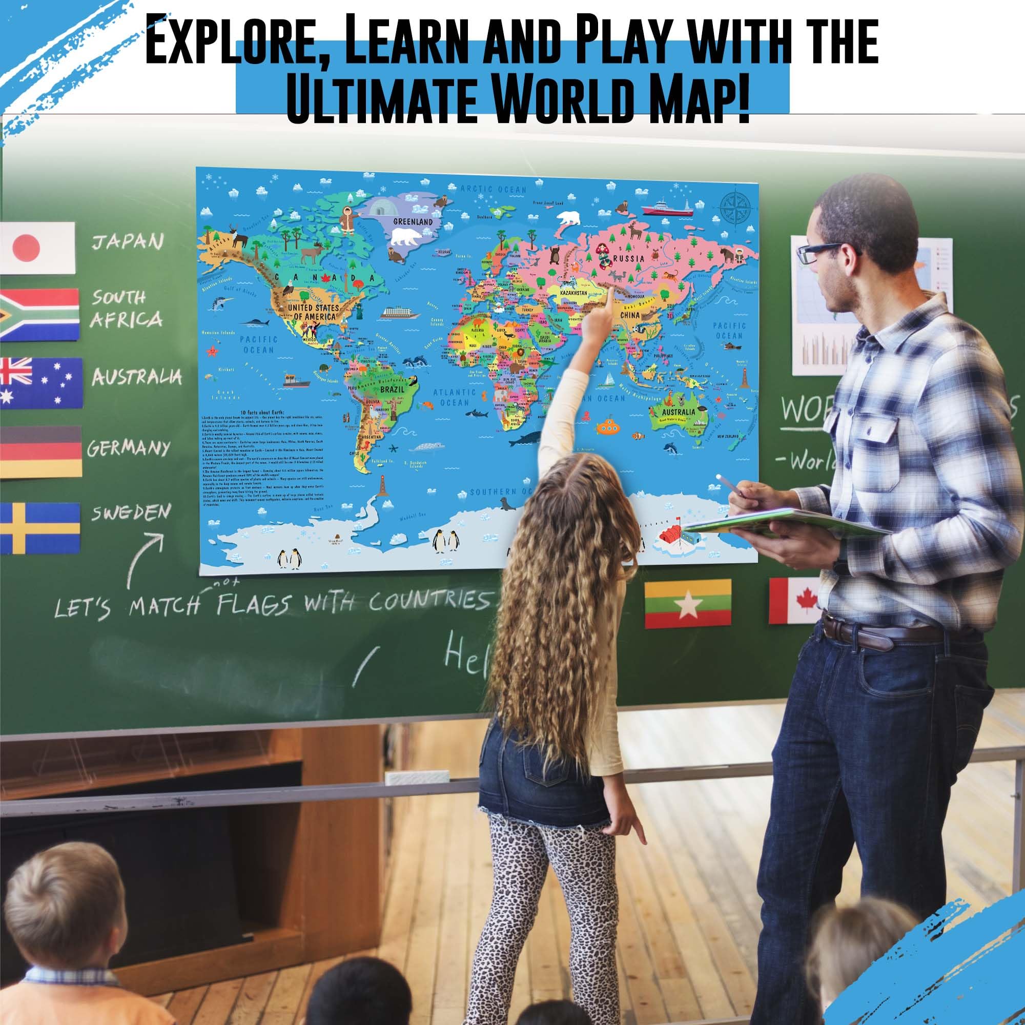 Children’s World Map Poster for Wall – Large A1 Illustrated World Map for Kids Globe Atlas Wallchart
