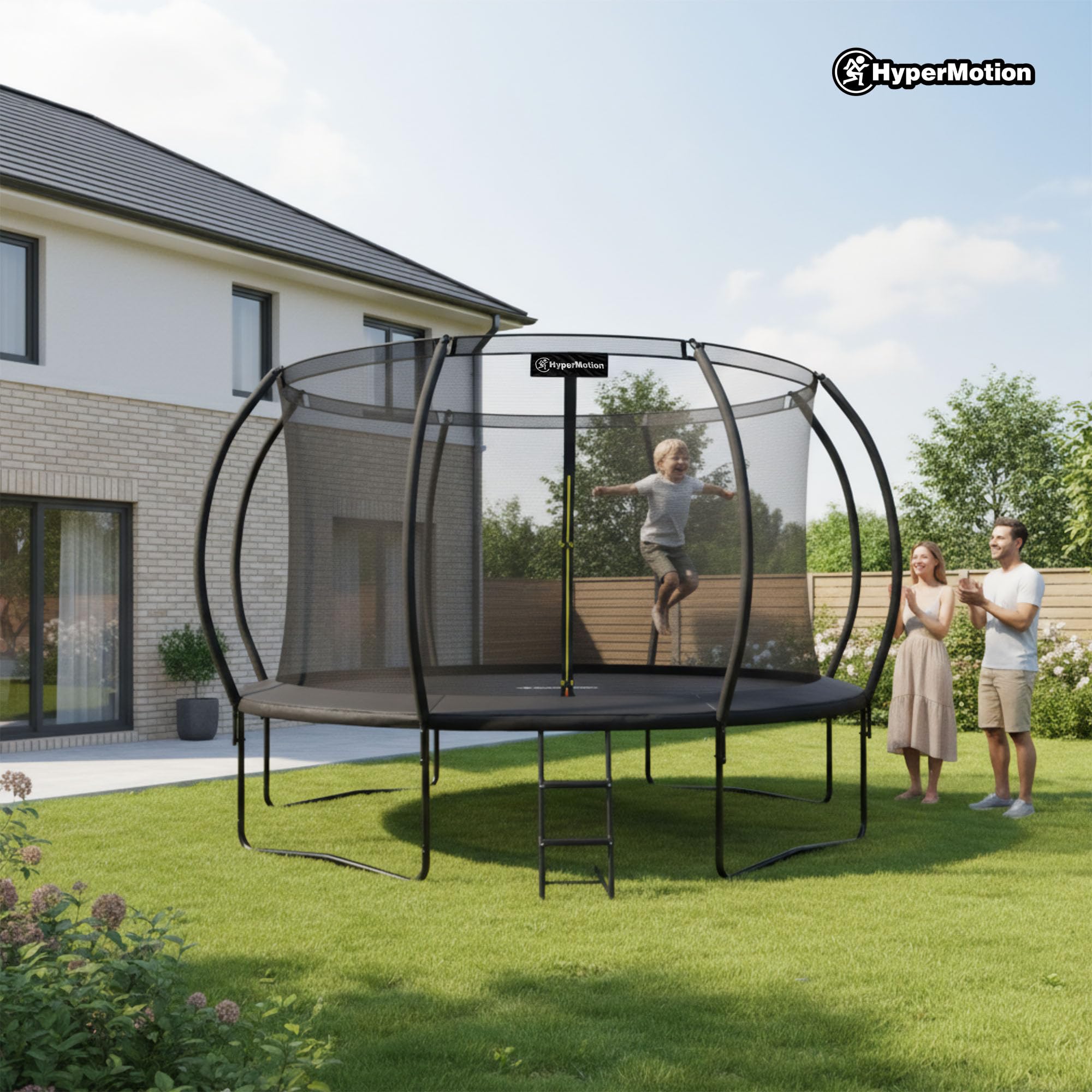 Hypermotion Trampoline Exterieur Enfant 3 Ans 244/305/366/430/487 cm Séchage Rapide et Déperlant – Excellente Élasticité de Saut – Trampoline de Jardin avec Filet de Sécurité