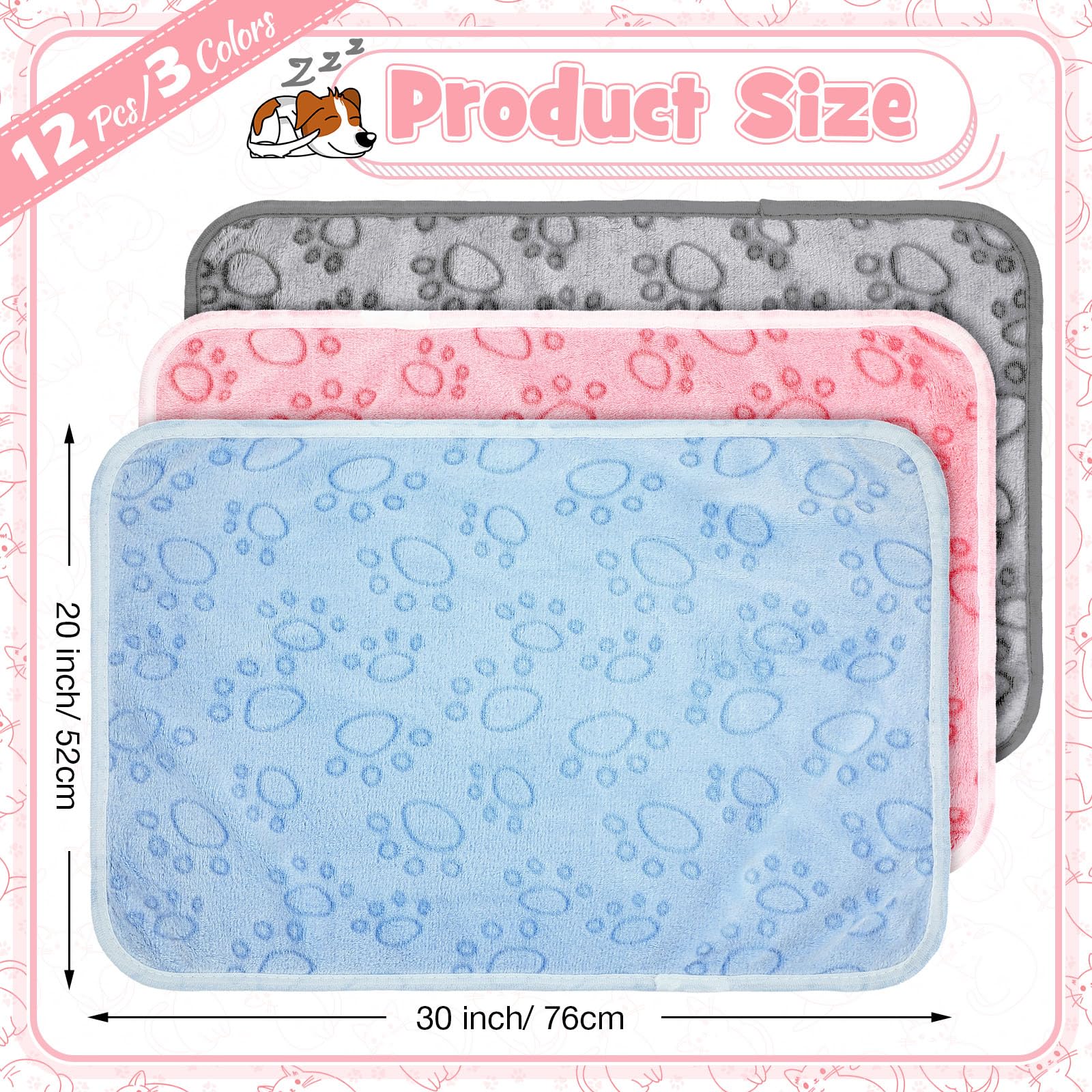 Tegeme 12 Pieces Pet Blanket Soft Fleece Dog Fluffy Doggie Warm Felt Throw Spring Cute Paw Print Puppy Kitten Sleep Mat Bed Covers for Cat (30 x 20 Inch,Pink,Gray,Blue)