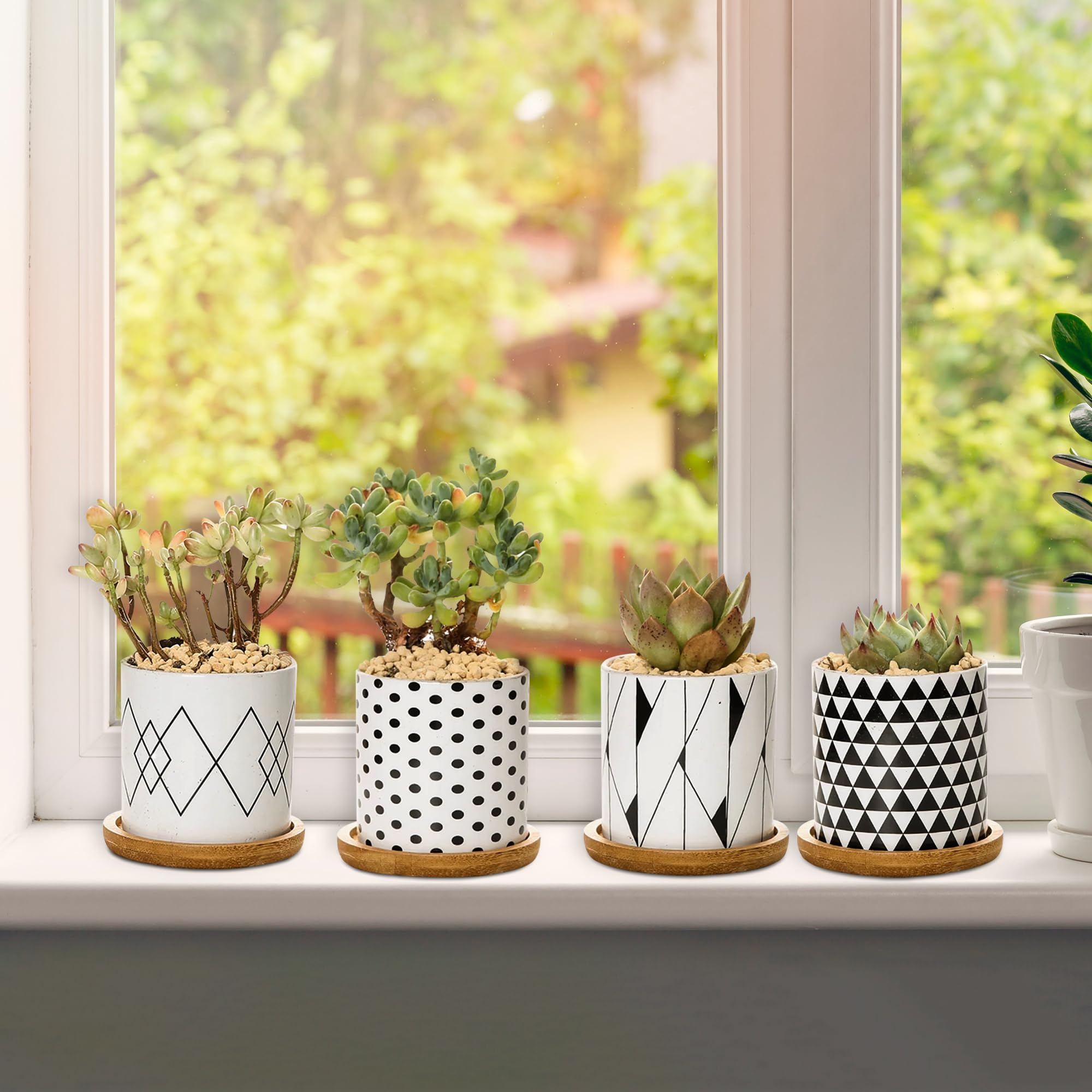 Set 4 Vasi In Ceramica Per Piante Grasse Con Motivi Colorati – Foro Drenaggio E Sottovaso In Bambù