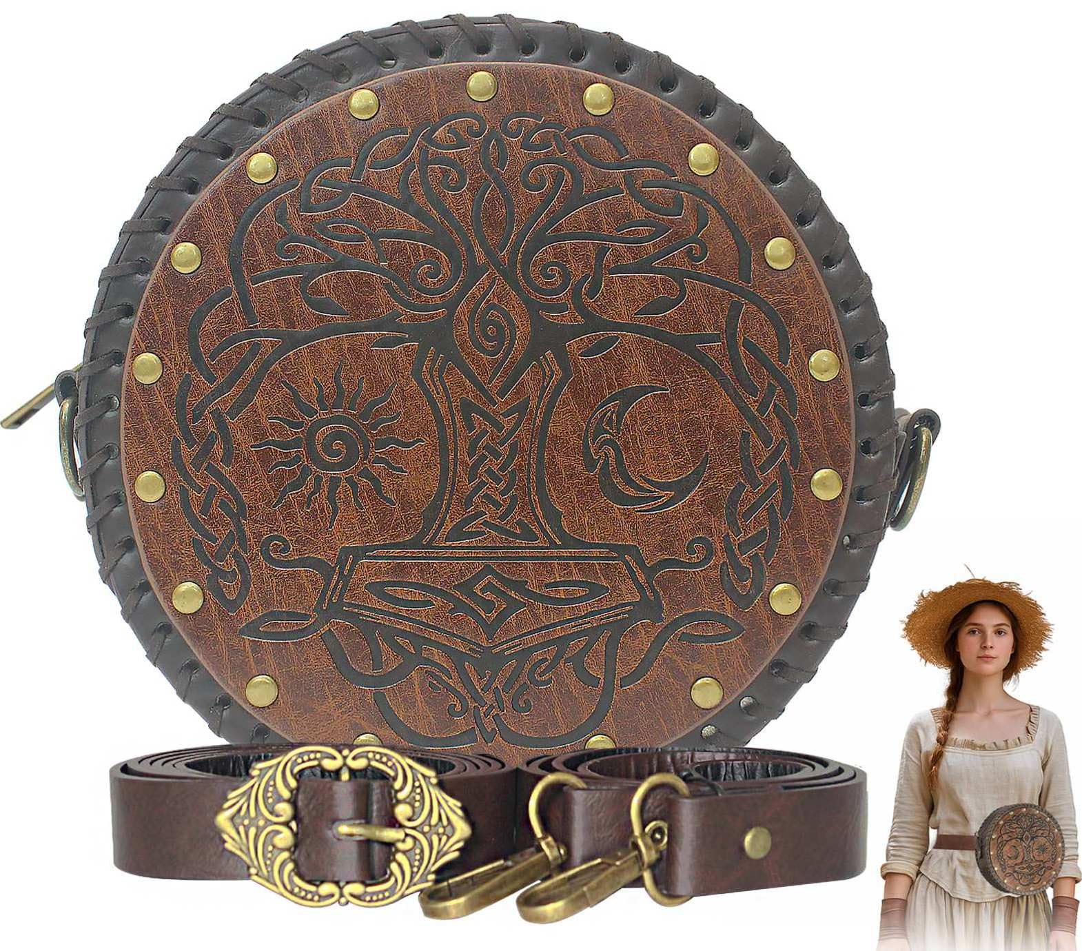 HelixTrim Renaissance Bag for Women Medieval Belt Purse Pirate Viking Embossed Pouch Tree of Life Waist Bag Faux Leather Satchel,Ren Faire Accessories
