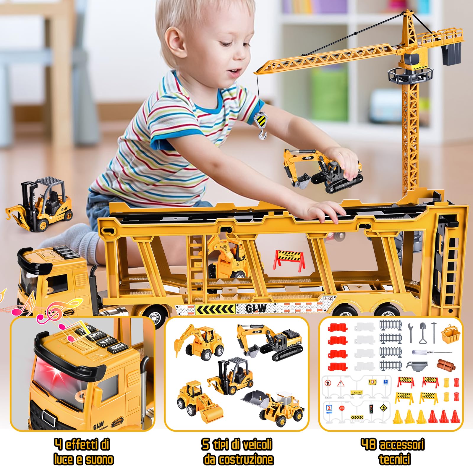 Herefun Set di giocattoli per veicoli da cantiere, per bambini, grandi gru, veicoli da costruzione per bambini, giocattolo per il trasporto di auto, giocattolo a partire dai 3 anni, regalo per ragazzi