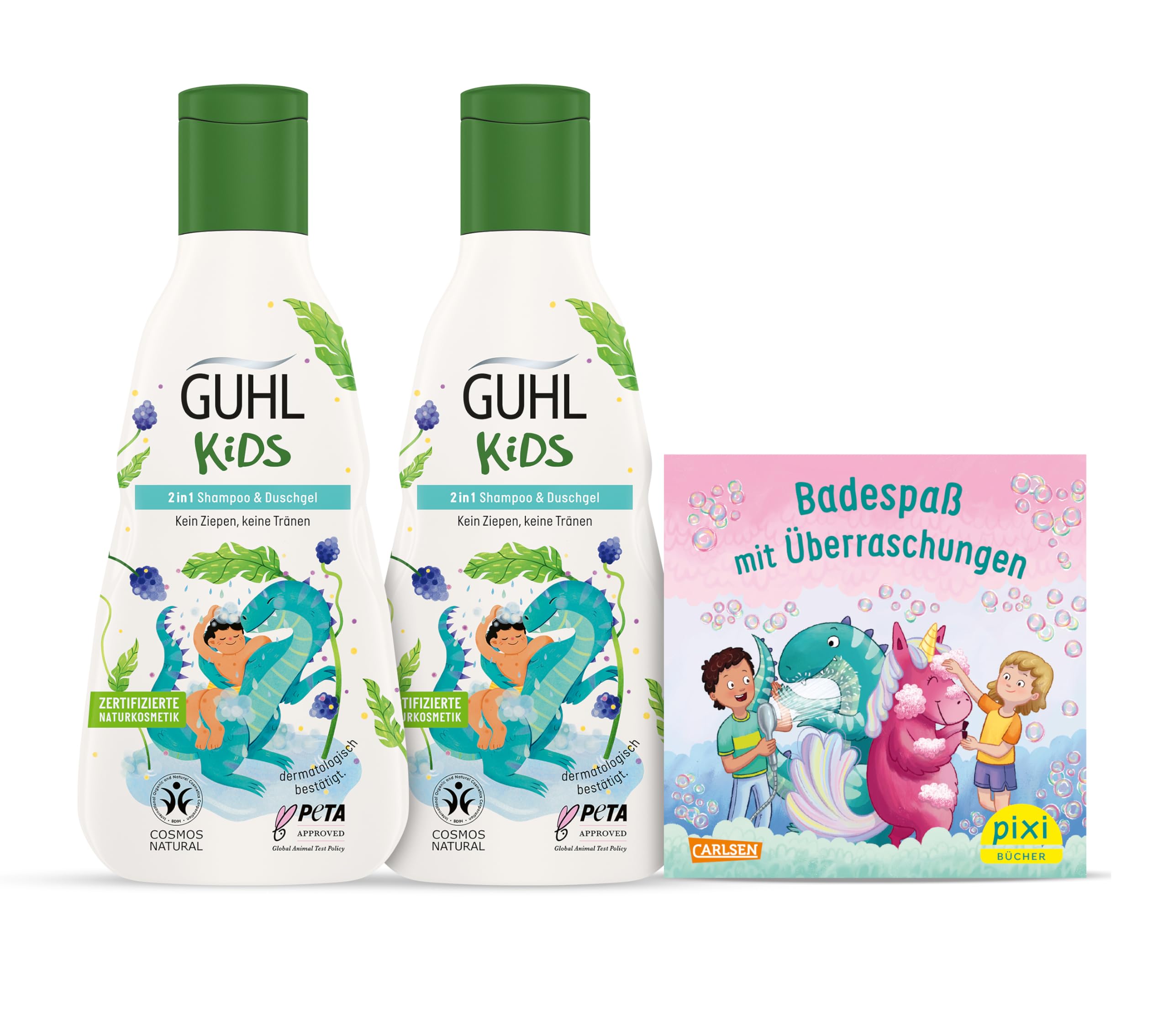 Guhl Kids Dino Vorteils-Set - 2x Guhl Kids 2 in 1 Shampoo & Duschgel, 250ml + 1x Pixi Buch - Speziell für Kinder entwickelt - Kein Ziepen - Cosmos Natural zertifiziert
