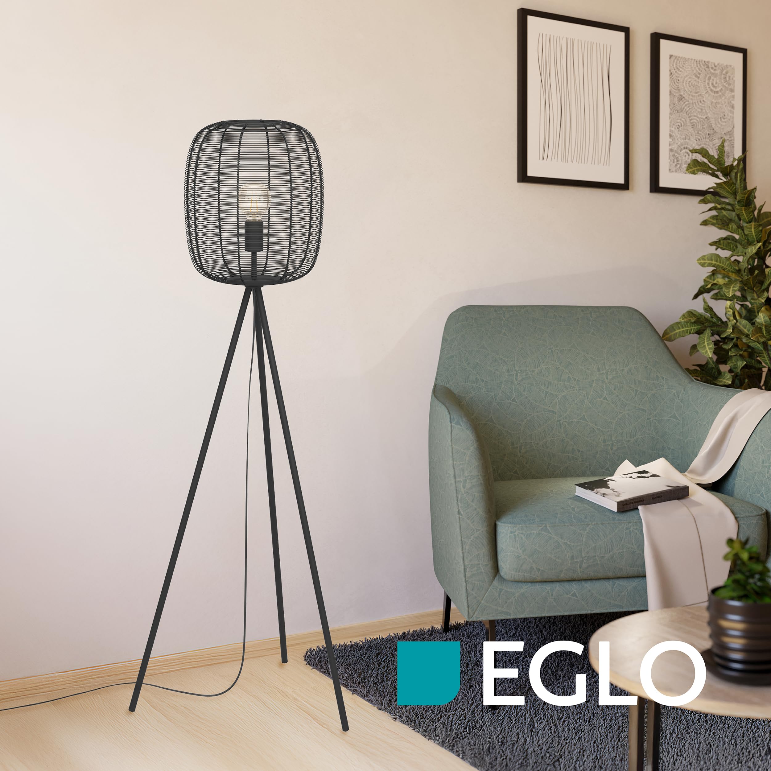 Eglo Rinroe - Lampada da terra con treppiede, soggiorno, industriale, in | metallo di colore nero, attacco E27
