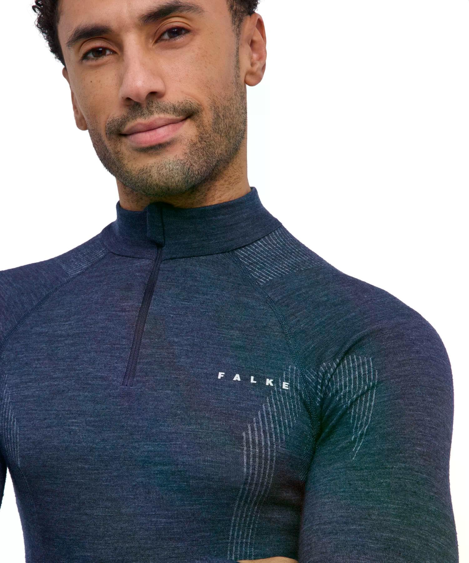 FALKE homme Wool-Tech High Zip Neck sous-vêtement technique chemise sport manches longues pour temps froid respirant régulation climatique anti-odeur durable laine fil fonctionnel 1 pièce | en laine mérinos pour les températures froides à très froides