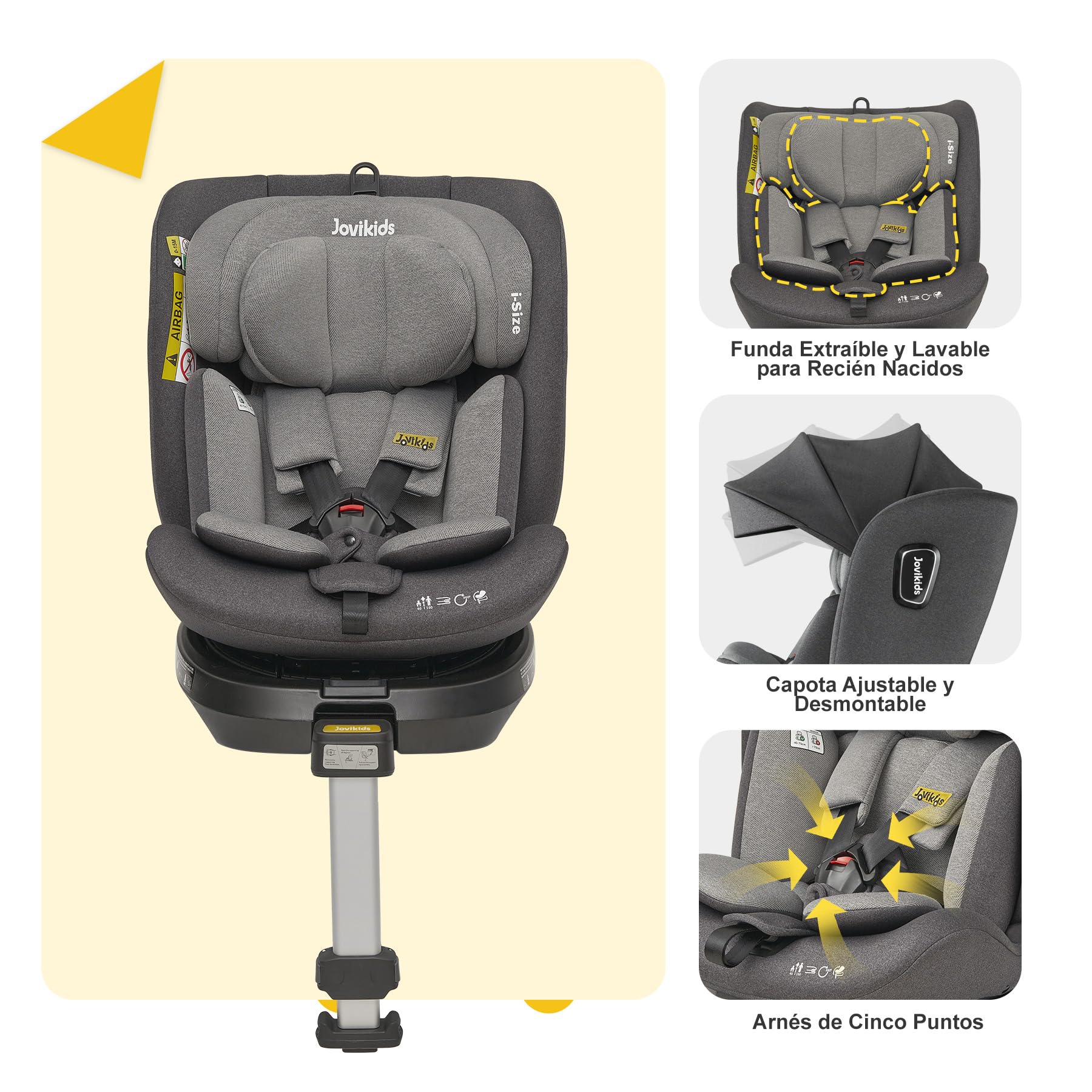 Jovikids I-size Silla Coche Bebé Grupo 0 1 2 3 ISOFIX, Giratoria 360 Universal, ECE R129, para Niños de 40-150cm, 0 Meses-12 Años, Pierna de Apoyo (Gris)