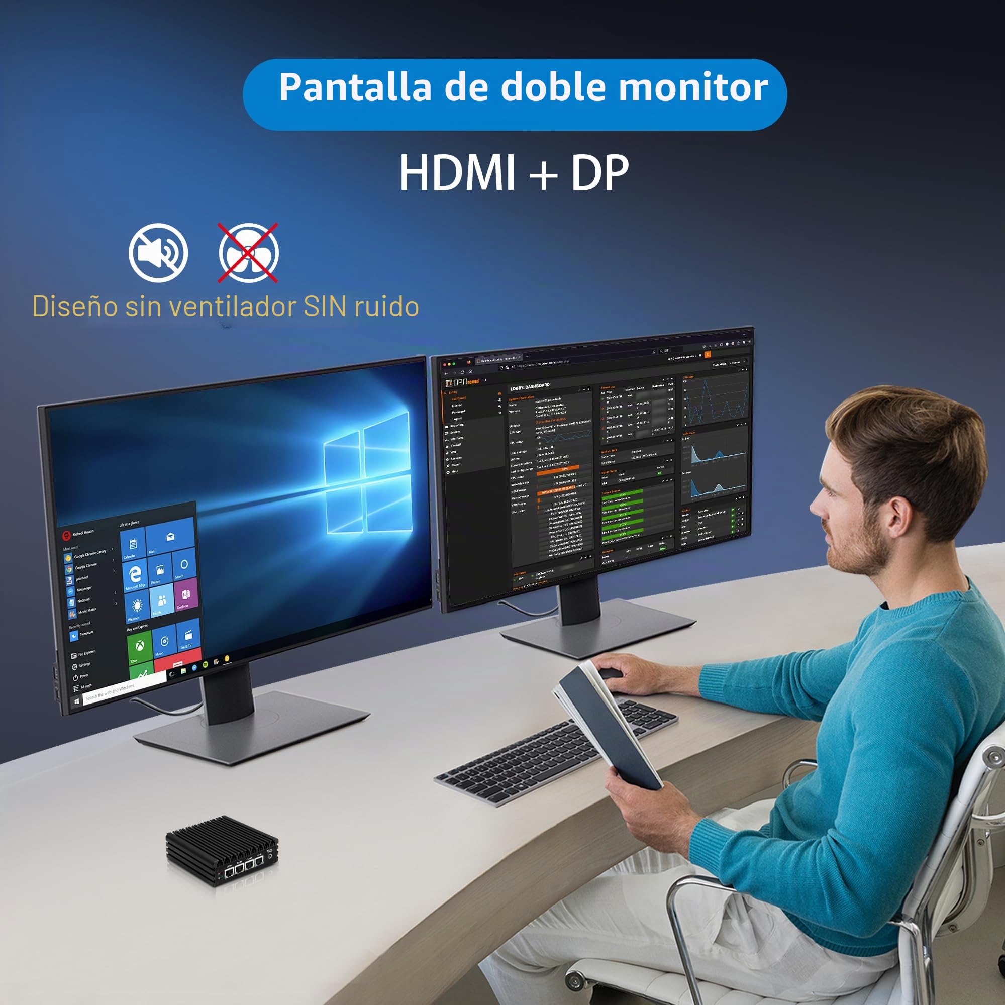 CWWK Mini PC Firewall Micro Appliance, Pentium J3710, 4 x LAN i225 2.5GbE, OPNsense Hardware Mini Ordenador, Fanless PC, DDR3L 8GB RAM 128GB SSD, AES-NI, Console COM, HD, DP