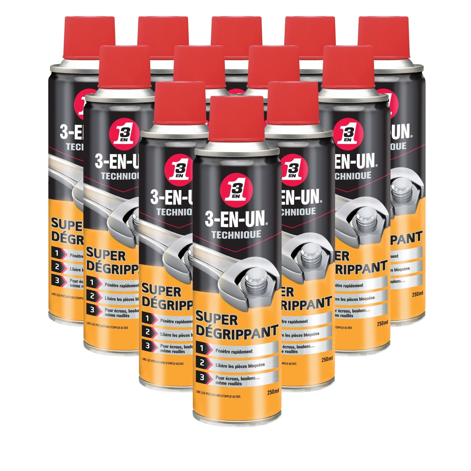 3-EN-UN Technique • Super Dégrippant • Aérosol • Action rapide • Fort pouvoir pénétrant • Compatible avec tous les métaux • 250 ML • Carton de 12