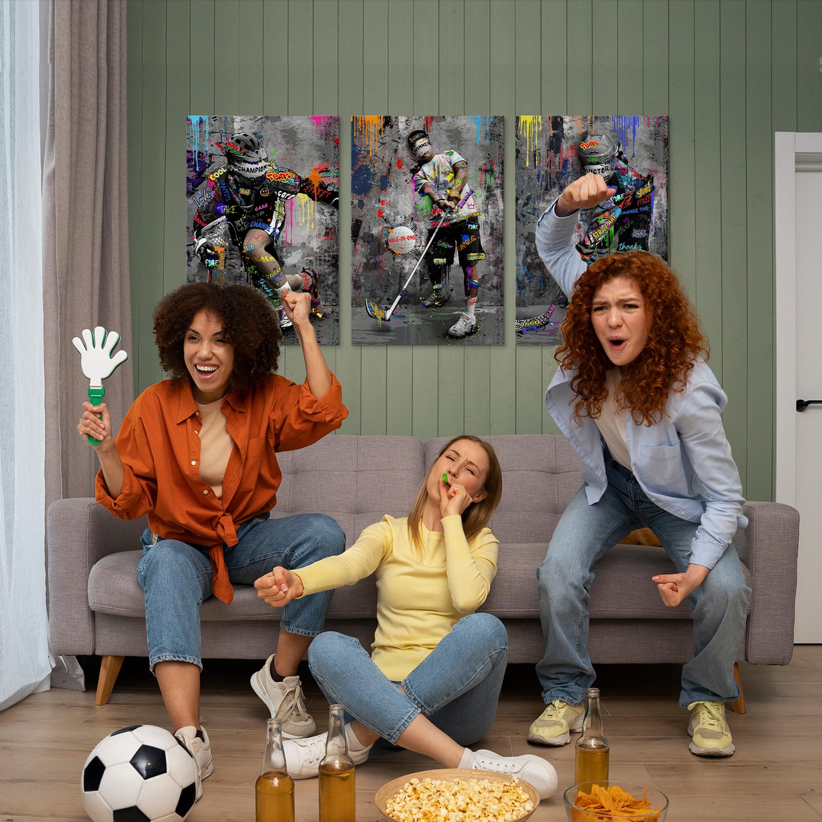 Mistyefly 3 Pieces Graffiti Sports Canvas Wall Art with Inner Wooden Frame - Hockey Golf Lacrosse Sports Wall Decor - Lightweight & Easy to Hang - Graffiti Decor for Gym & Boys Room, 24x36x3 Inches